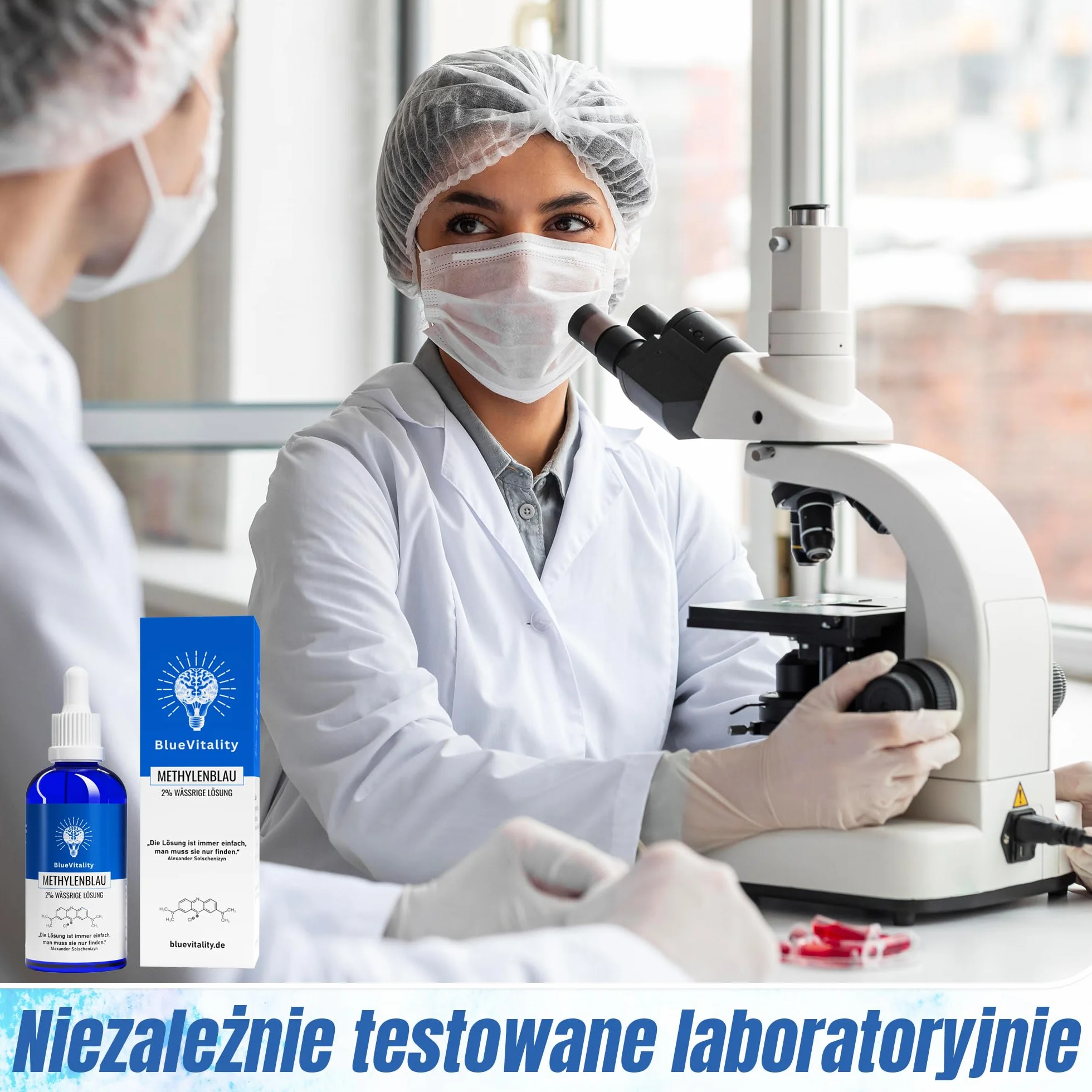 2% | podwójne stężenie | 100ml roztworu błękitu metylenowego 2% | jakość farmaceutyczna | 100% czystości USP | Made in Germany | niezależnie testowany laboratoryjnie | pipeta w zestawie