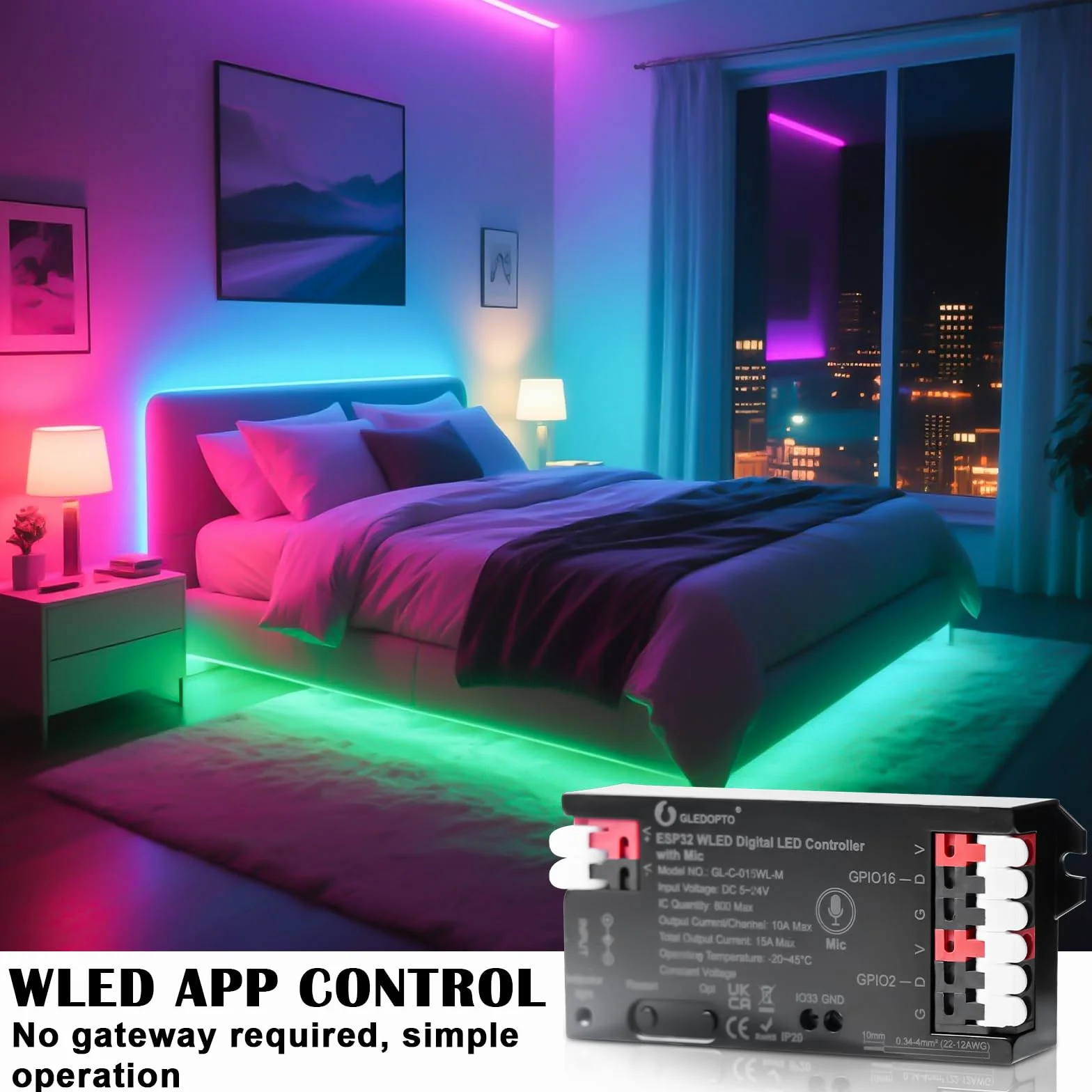 Kontroler WLED z mikrofonem, ESP32 DC 5V-24V Cyfrowy kontroler taśmy LED Adresowalny cyfrowy RGB IC WS2811 WS2812B SK6812 WS2815 RGBW Adresowana taśma LED FCOB