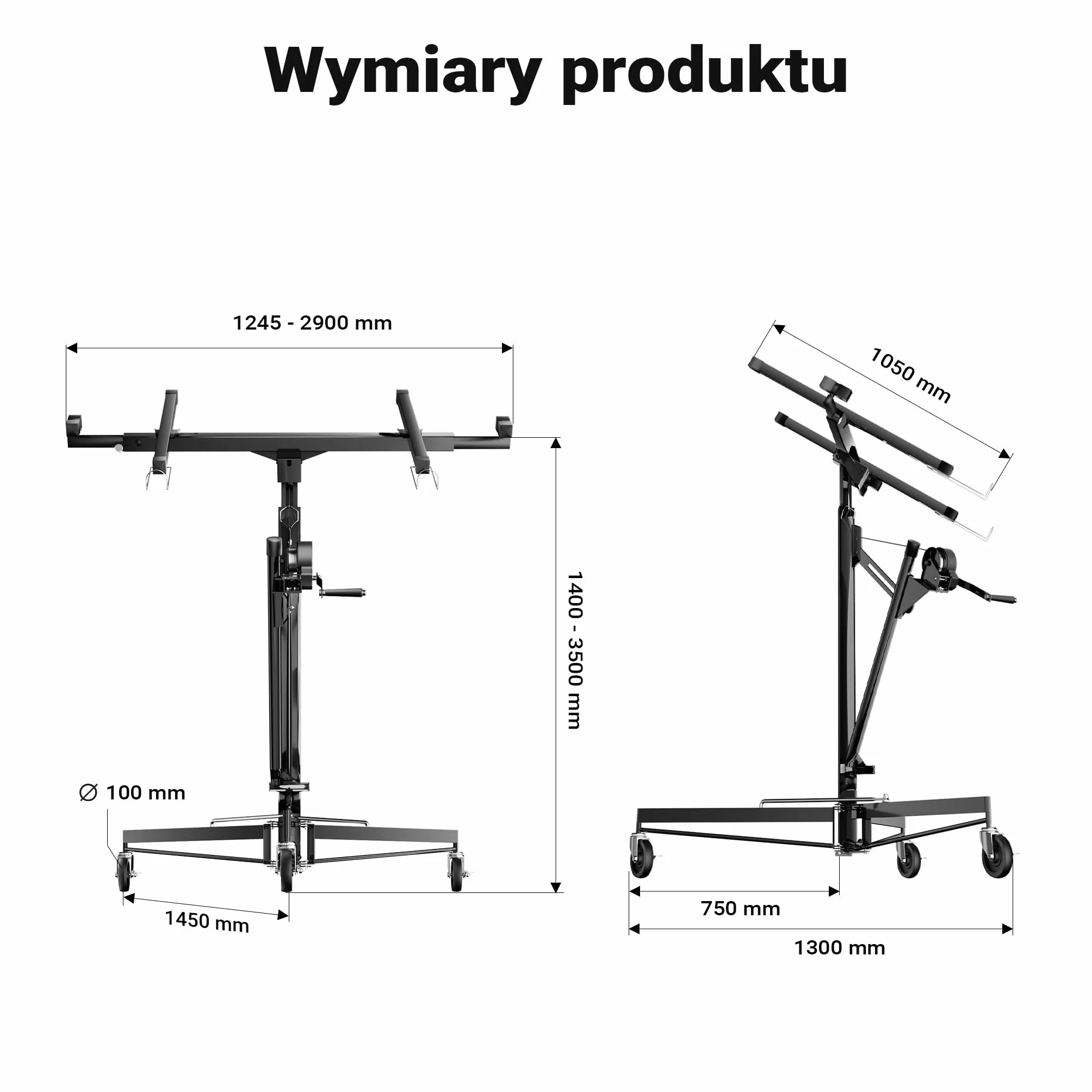 Podnośnik do paneli Wiltec XXL 68 kg 140-350 cm 2,90 m czarny