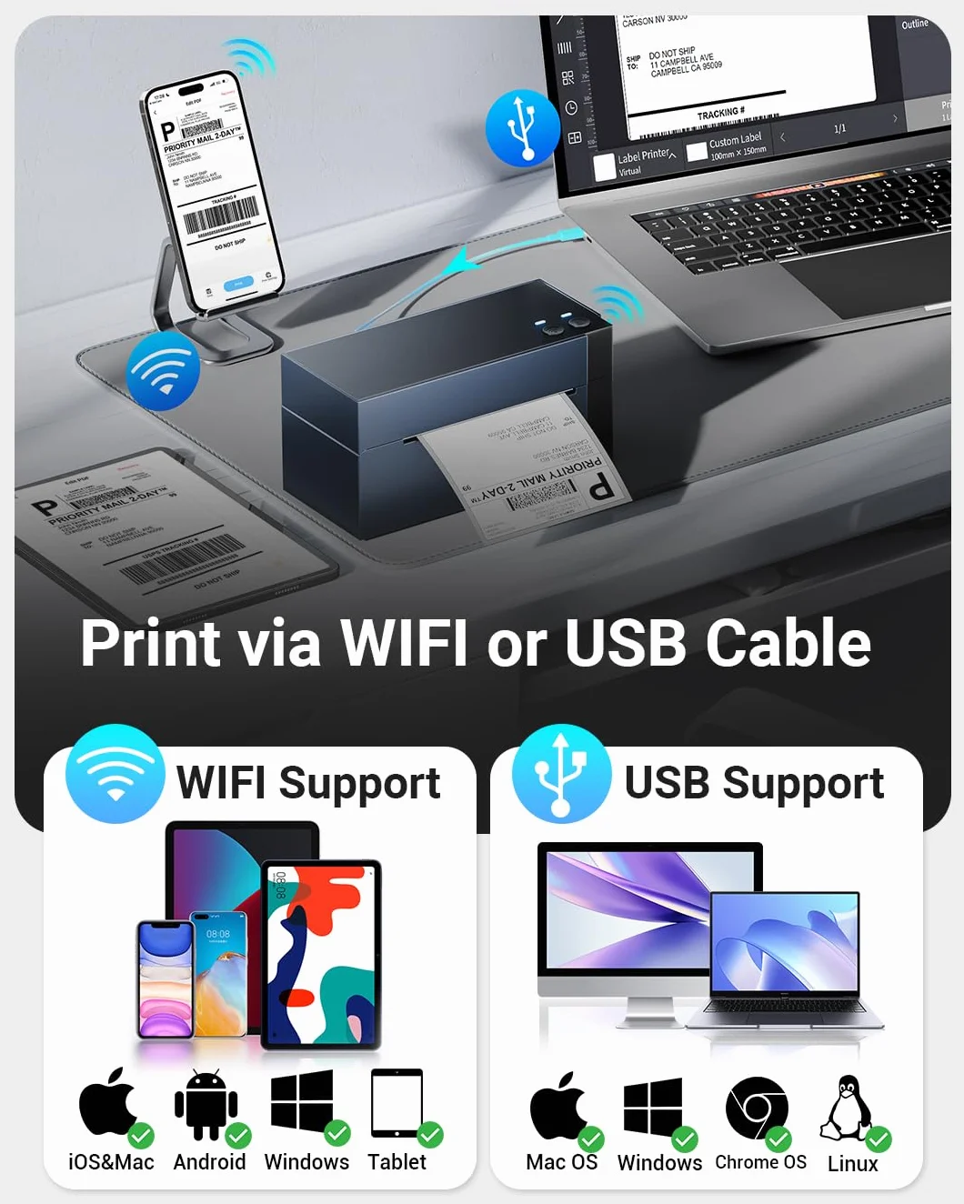 Phomemo Drukarka etykiet WiFi 344WF 4x6 do kodów kreskowych UPS eBay Etsy Shopify Amazon