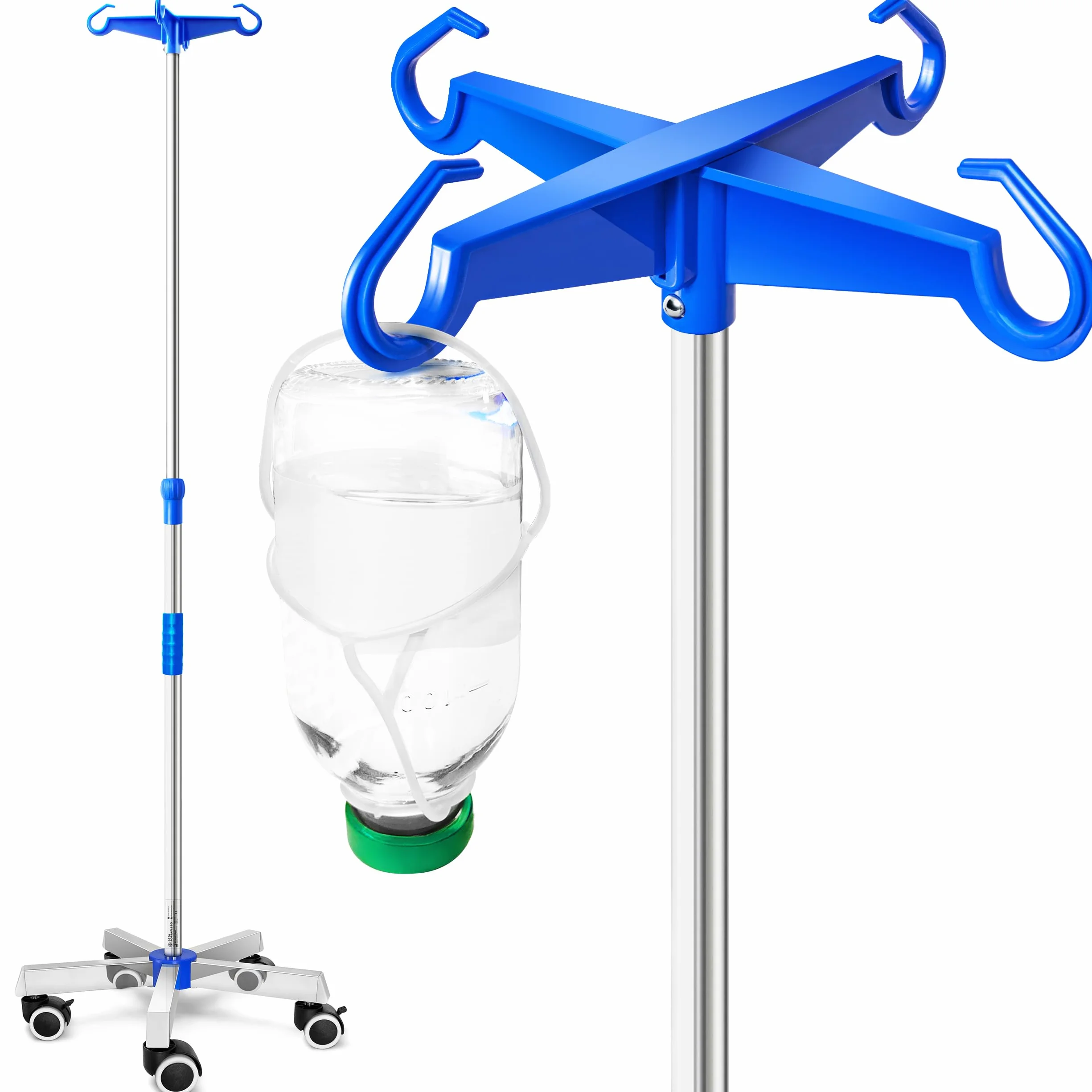 AIESI® Pręt kroplówki ze stali nierdzewnej z 4 plastikowymi haczykami i kołami obrotowymi z hamulcem, Hołd 2 100 ml sztyca, Gwarancja 24 miesiące