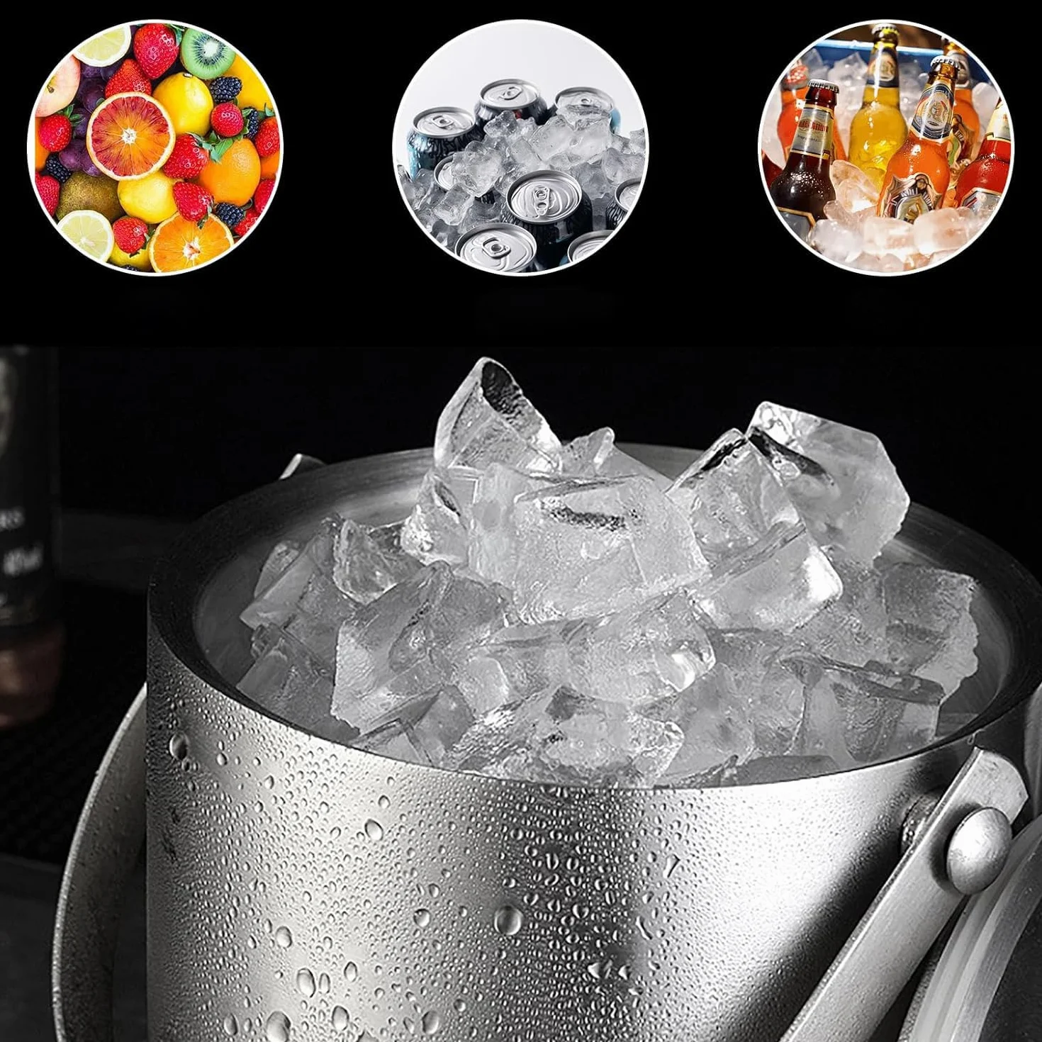 Ice Cube Tray, pojemnik na kostki lodu, 2 l, ze stali nierdzewnej, z sitkiem i szczypcami do lodu, do przechowywania lodu i chłodzenia napojów, kolor srebrny