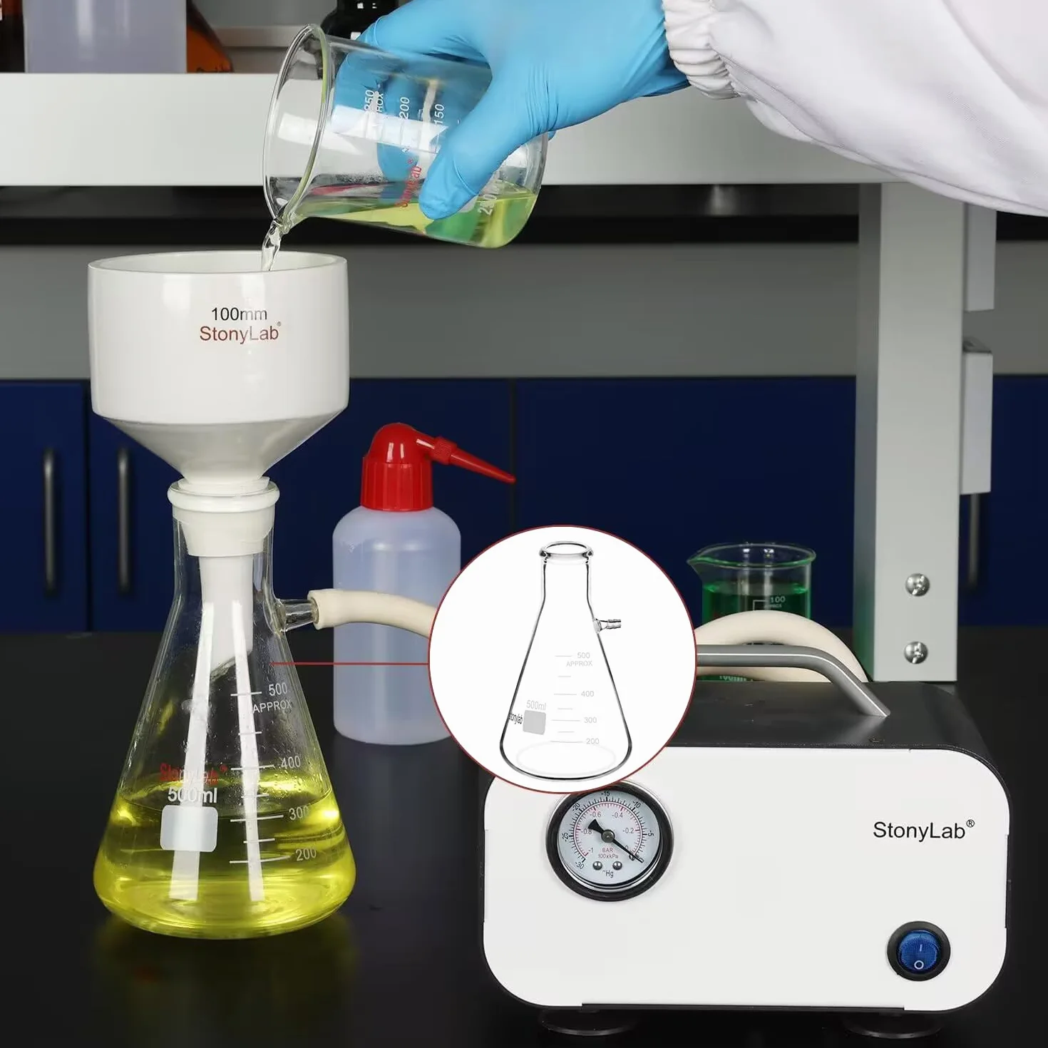 StonyLab Glass 500 ml ciężka ściana borokrzemowa szklana butelka filtrująca, śruba szyjka z tubulacją - 500 ml