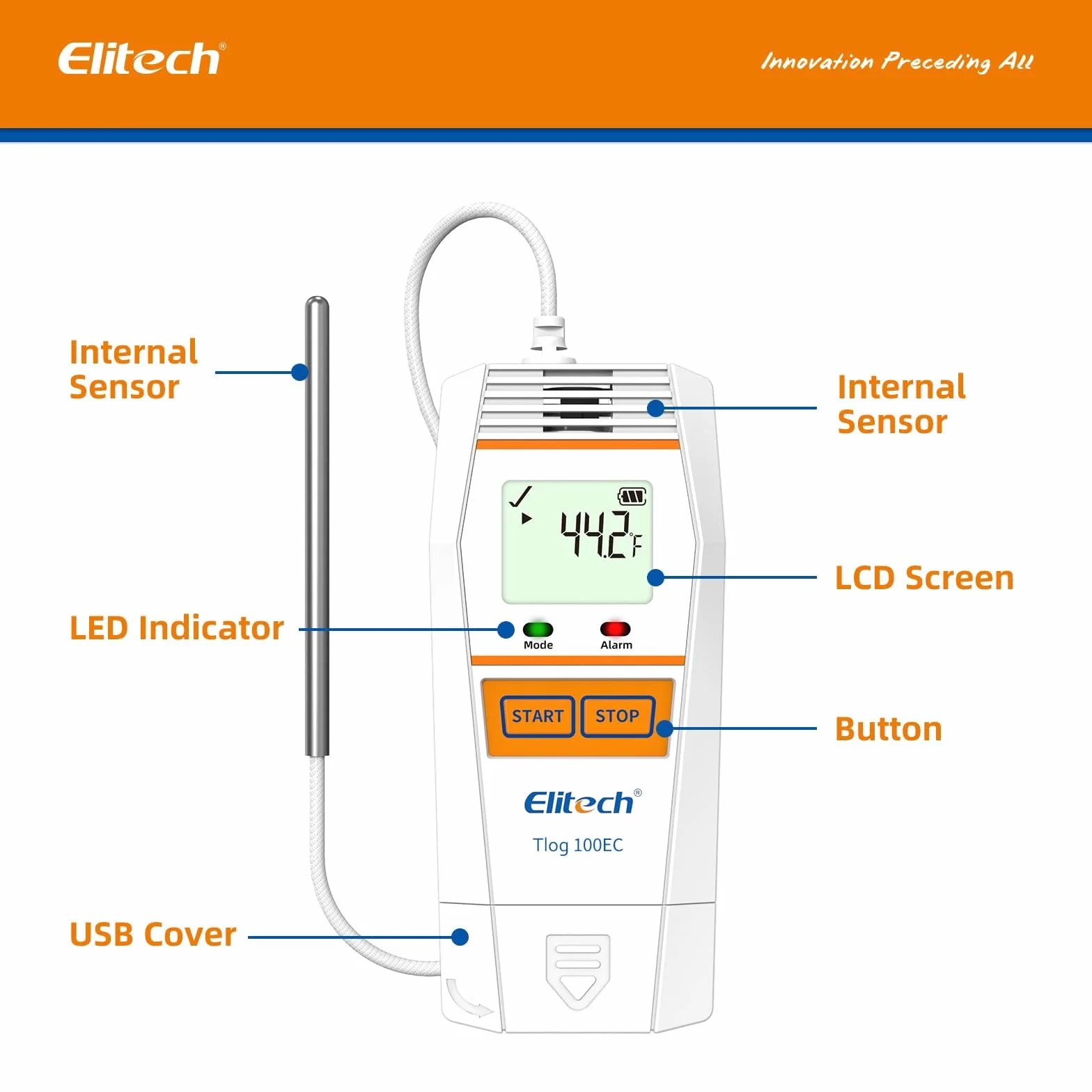 Elitech Tlog 100EC rejestrator danych o ultra niskiej temperaturze, rejestrator danych temperatury z czujnikiem zewnętrznym, 32000 punktów, raport PDF, USB 2.0