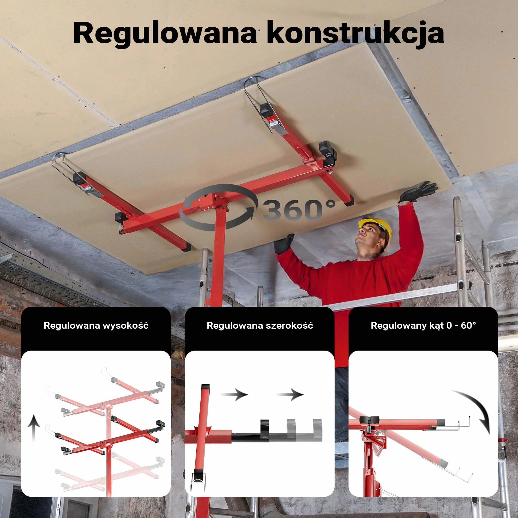 Wiltec XXL Podnośnik do płyt gipsowych i OSB do 68 kg, regulowana wysokość 140-350 cm, stabilna konstrukcja z blokadami i hamulcami do łatwego montażu