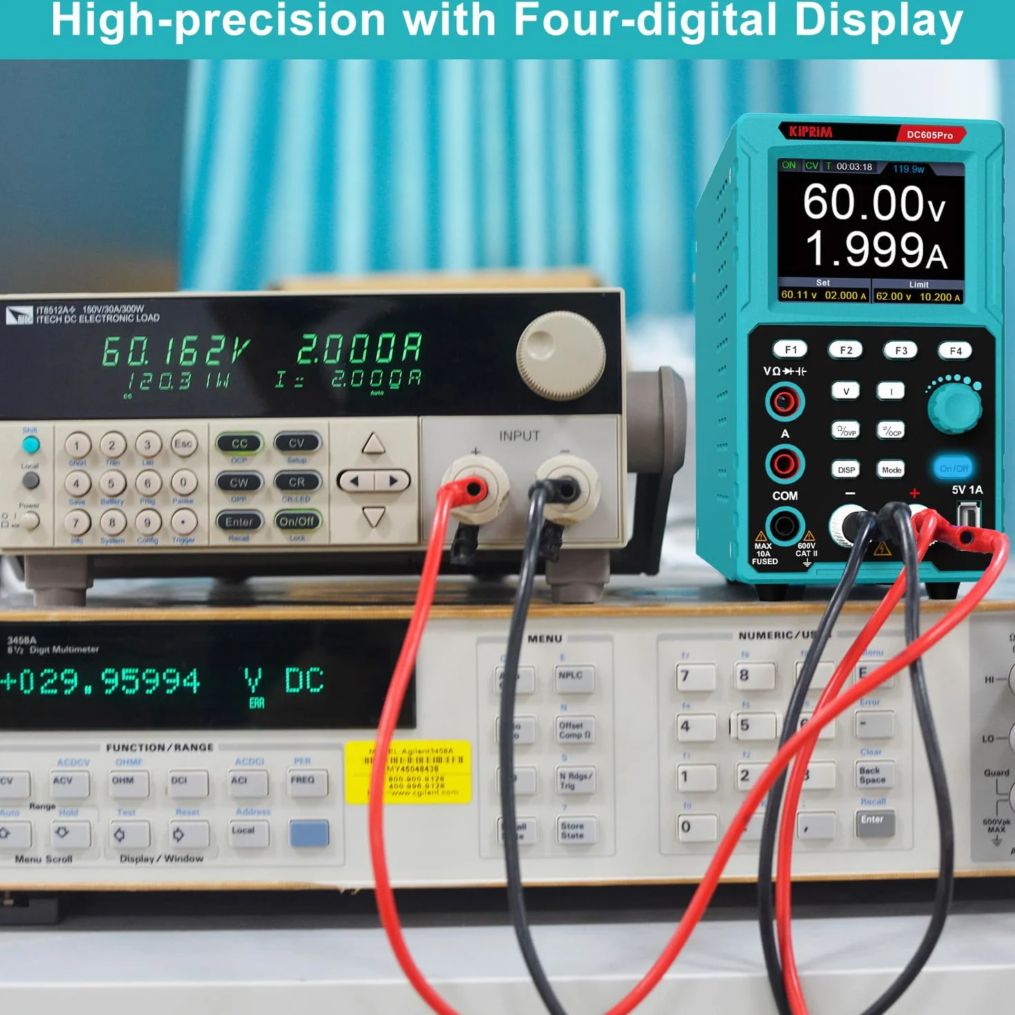 Kiprim Zasilacze laboratoryjne 2 w 1 i programowalny multimetr (0-60 V, 0-5 A) DC605Pro Regulowane zasilacze z pamięcią danych, OCP, OVP, oprogramowaniem PC i ładowaniem USB