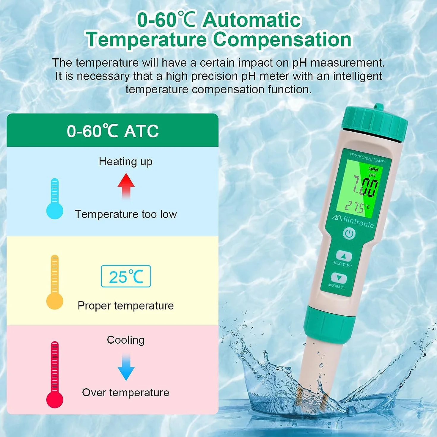 Flintronic Elektroniczny miernik PH 4 w 1, miernik PH z podświetleniem LCD, tester jakości wody do testowania pH/TDS/EC/temperatury, do wody pitnej/akwariowej/basenu