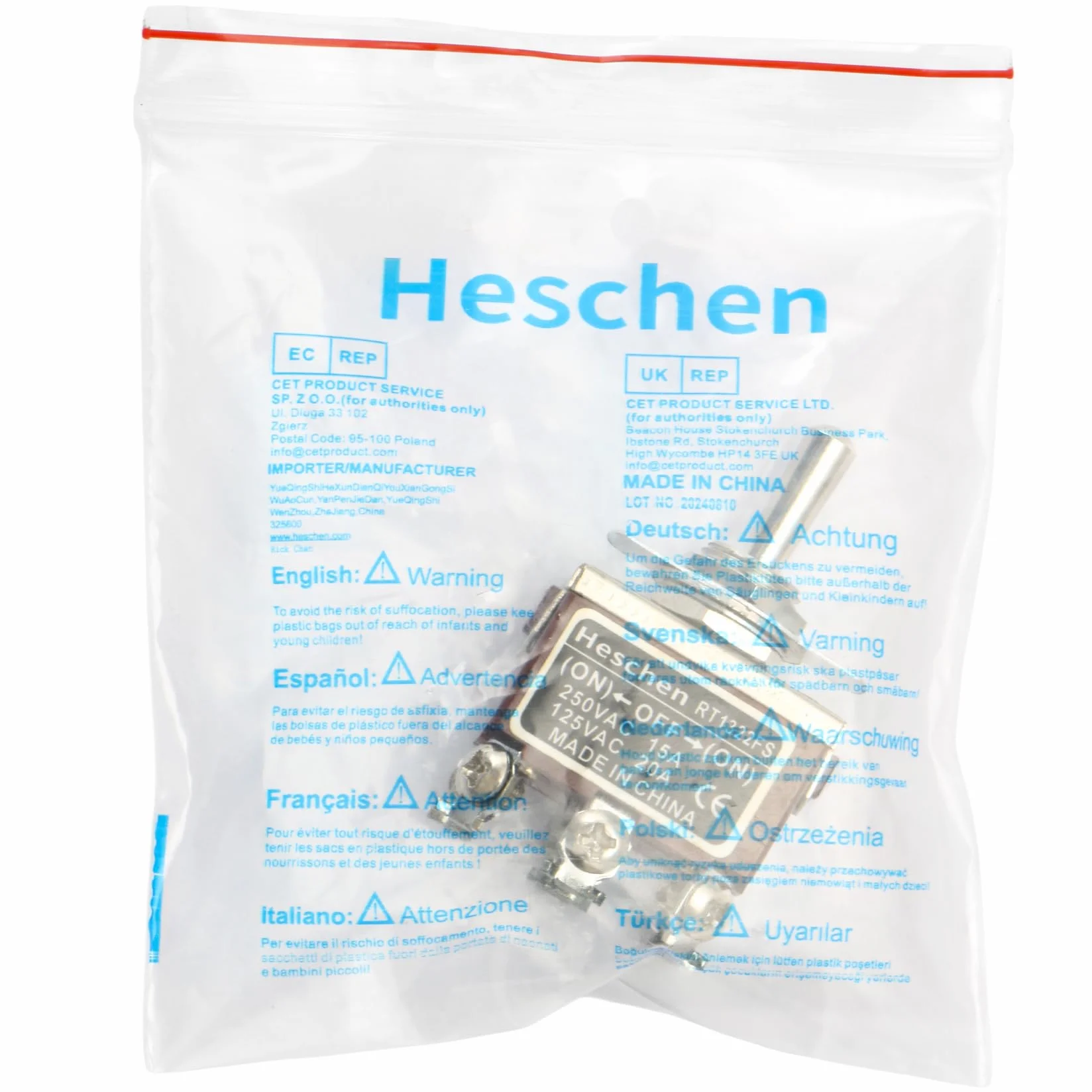 Heschen - Metalowy przełącznik dwustabilny chwilowy DPDT - (Włączony)/Off/(ON) 3 pozycje - 15 A, 250 V AC, CE