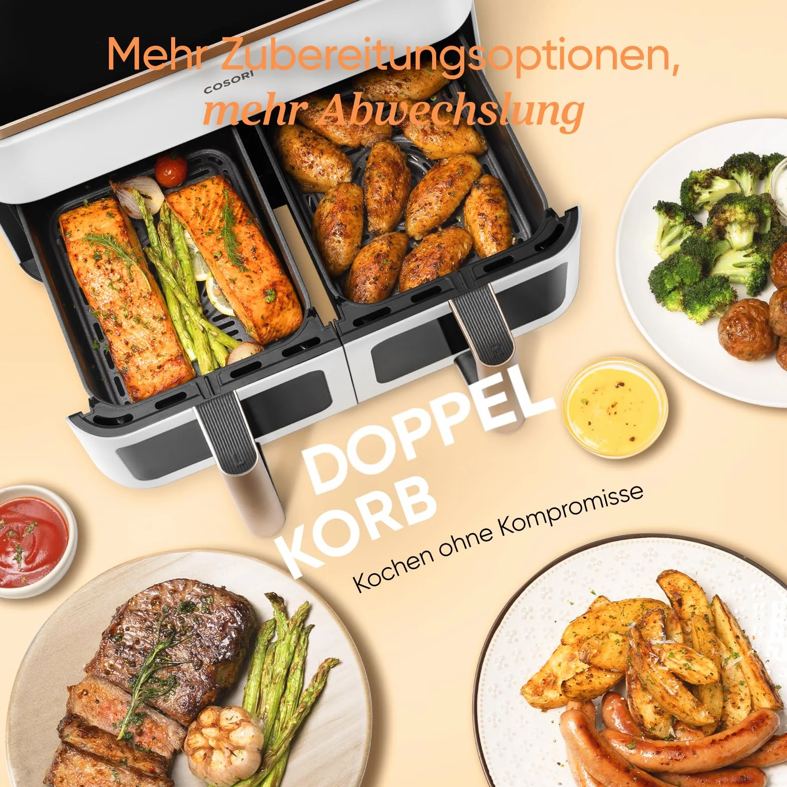 COSORI Frytkownica na gorące powietrze 8,5 l 2 komory Airfryer 6 w 1 z okienkiem kremowo-biała