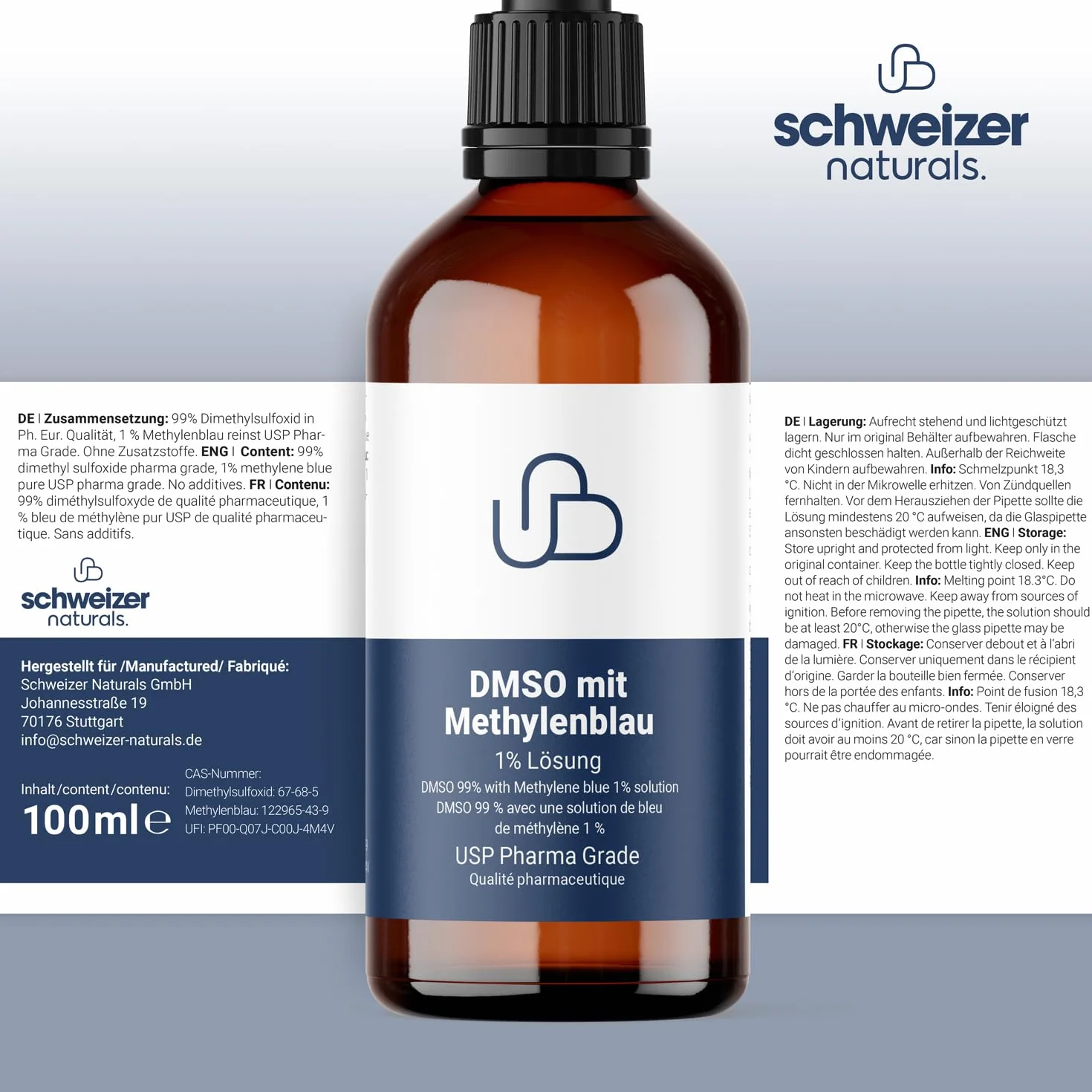 DMSO z roztworem błękitu metylenowego, 1% czystej jakości USP Pharma, 100 ml, bez dodatków, jakość sprawdzona laboratoryjnie, Made in Germany
