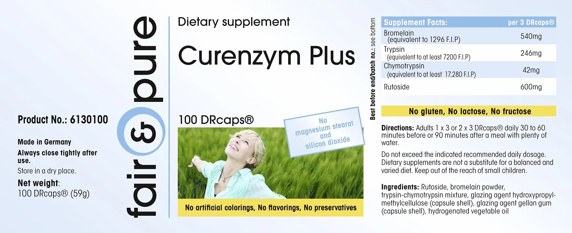 Curenzym Plus - kompleks enzymatyczny o opóźnionym uwalnianiu - bez stearynianu magnezu - 100 kapsułek DRCaps - zawiera bromelinę - trypsynę - chymotrypsynę i rutozyd (rutynę)