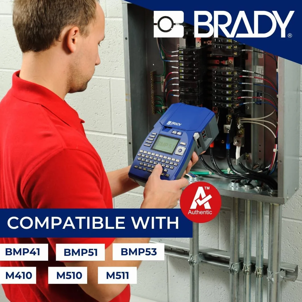 Brady Taśma do Drukarek Etykiet M410 M510 M511 Samoprzylepne Etykiety Przemysłowe Czarny na Białym 25,4 mm x 7,62 m M4C-1000-595-WT-BK