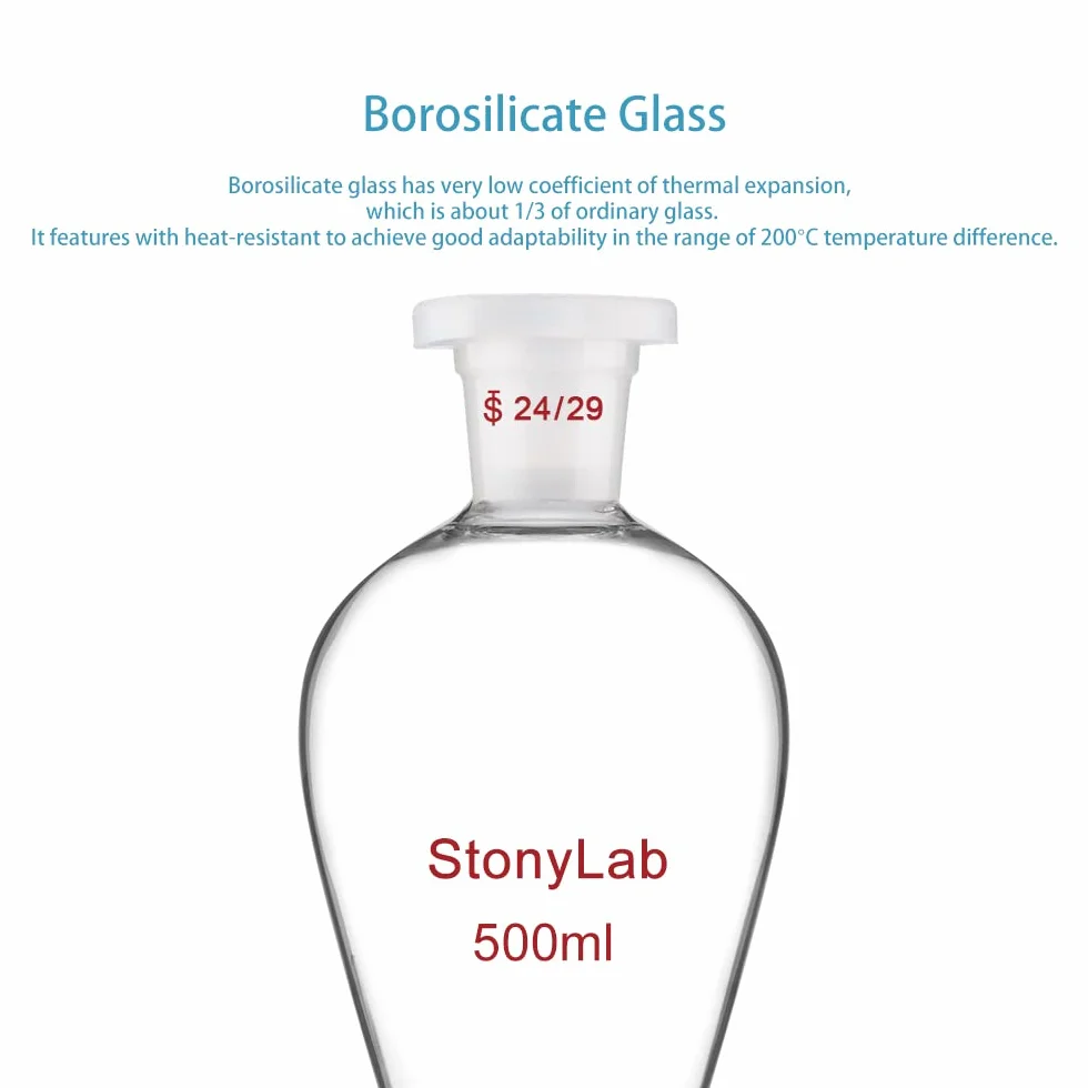stonylab Szkło Borokrzemianowe 500 ml Ciężka Ściana Stożkowy Lejek Separacyjny ze 24/29 Złączami i Kranem z PTFE, 500 ml