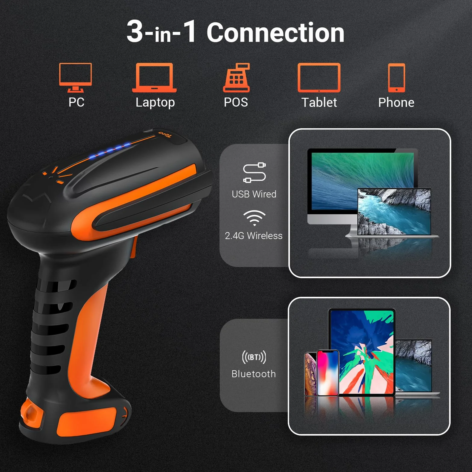 Tera Skaner kodów kreskowych Pro 3 w 1, ekstremalnie wydajny, bezprzewodowy skaner kodów kreskowych 1D, 2D, QR, Bluetooth, 2,4 G, przewodowy skaner kodów kreskowych USB-C 1D, 2500 mAh, doskonała