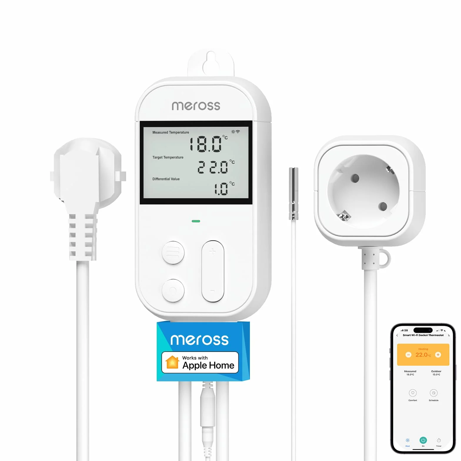 Meross Regulator temperatury, inteligentny termostat, gniazdko elektryczne do HomeKit Digital Wi-Fi, WiFi, termostat ogrzewania z czujnikiem do ogrzewania i chłodzenia 16 A, 2,4 GHz