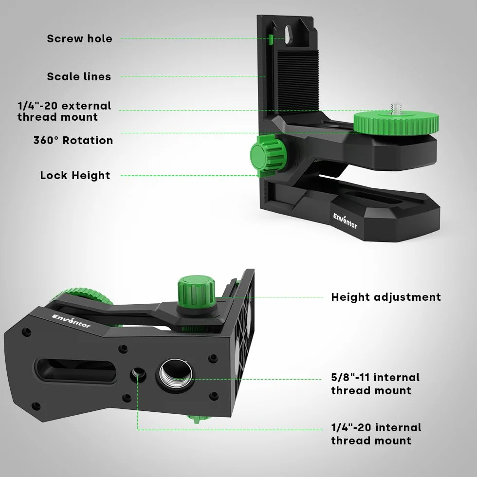 Enventor Laser Level Wall Mount Magnetic Adjustable Bracket 360° Rotating Base with Height Lock 1/4" 5/8" Threads