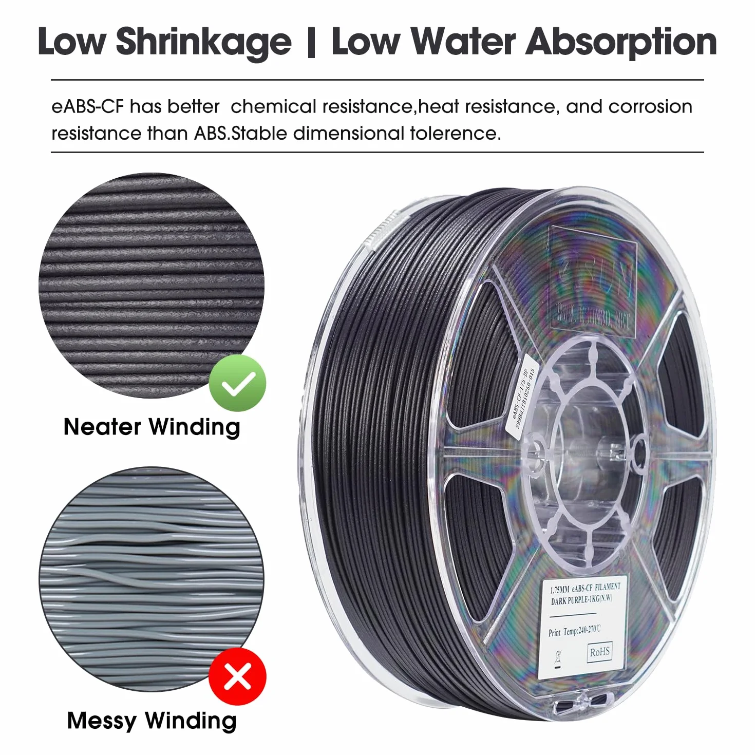 eSUN ABS-CF Filament 1.75mm, Filament ABS wypełniony włóknem węglowym, Szpula 1KG (2.2 LBS) Materiały do druku 3D dla drukarek 3D FDM (Ciemnofioletowy, 1KG)