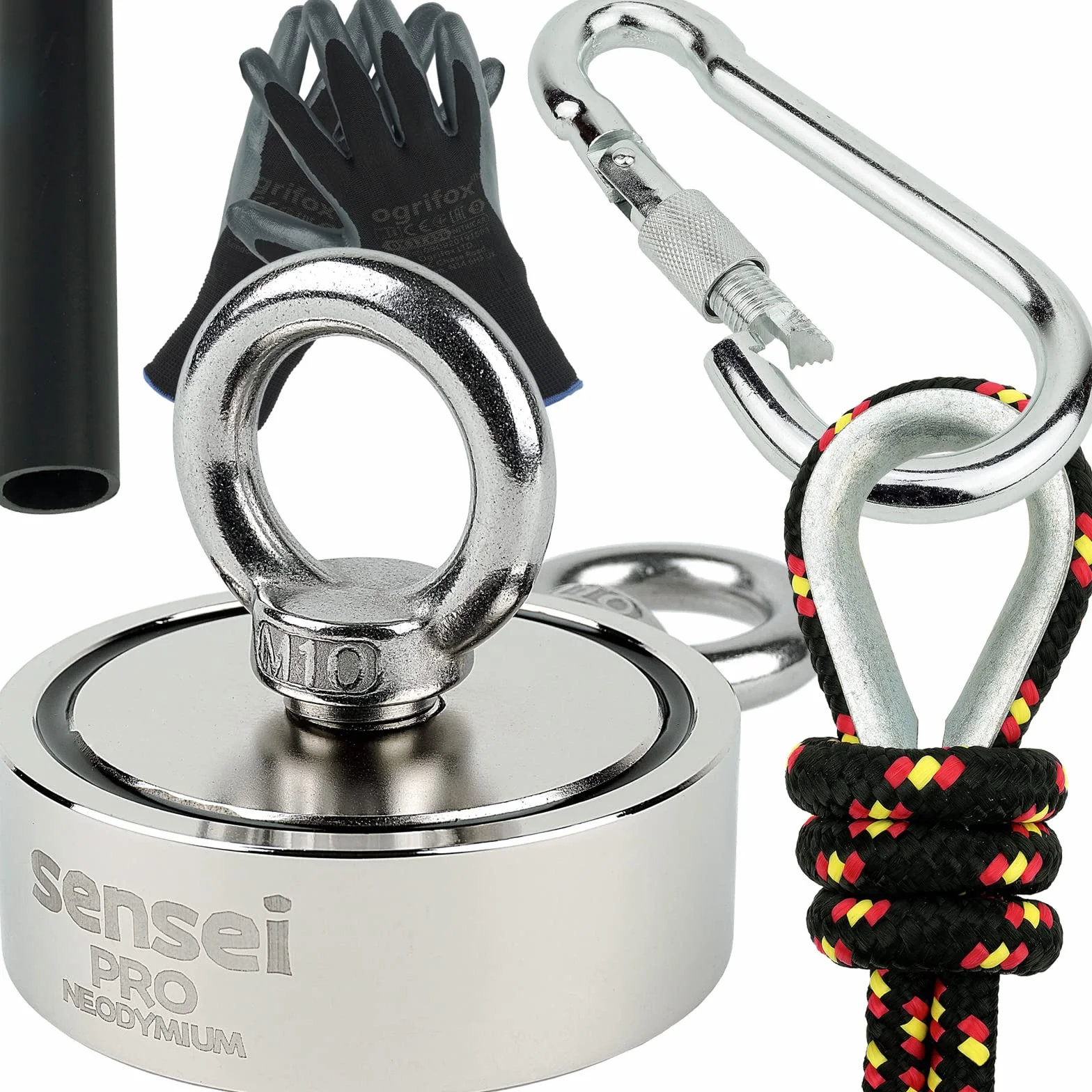 SENSEI Zestaw Magnes Neodymowy N52 500 kg Dwustronny z Uchwytami Ø7,5 cm Lina 25 m Rękawice