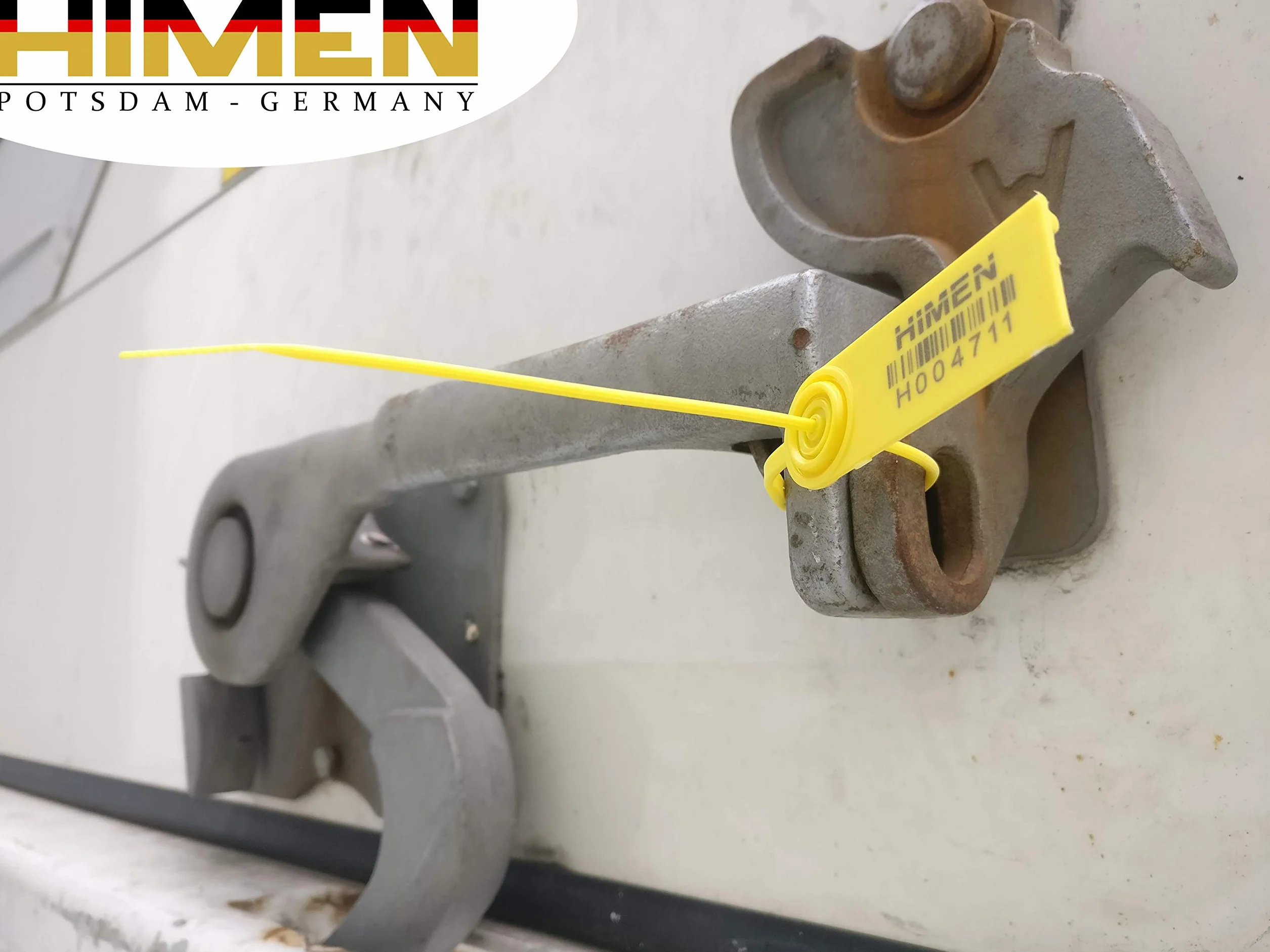 100 plomb zabezpieczających z metalową wkładką firmy HIMEN | kolejno ponumerowane | z kodem kreskowym | długość 230 mm | MPS-230C | zapięcie | żółty