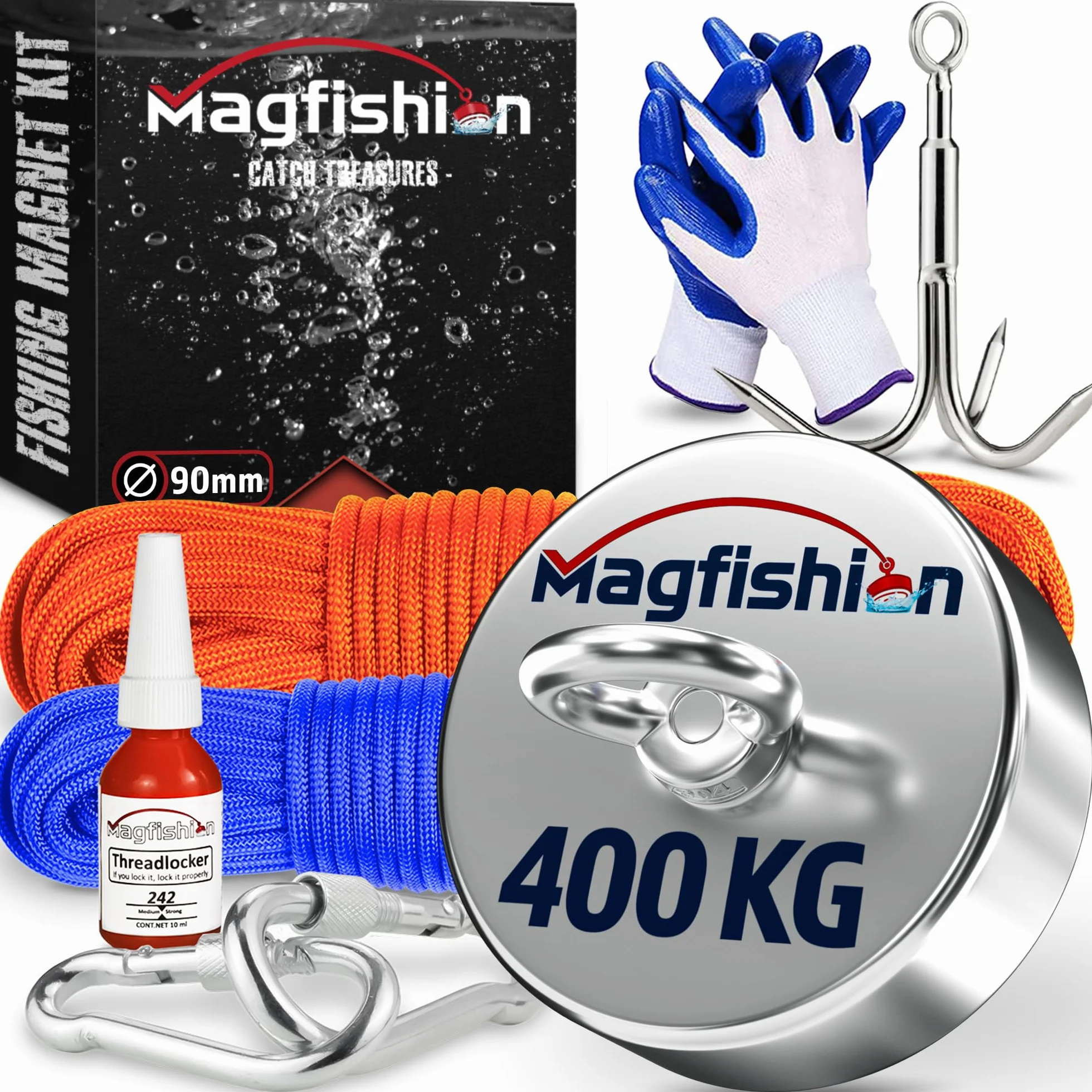 MAGFISHION Mega Zestaw Magnetycznego Wędkarstwa - Magnes Neodymowy 400KG Ø90mm z 2 Linami & Rękawice