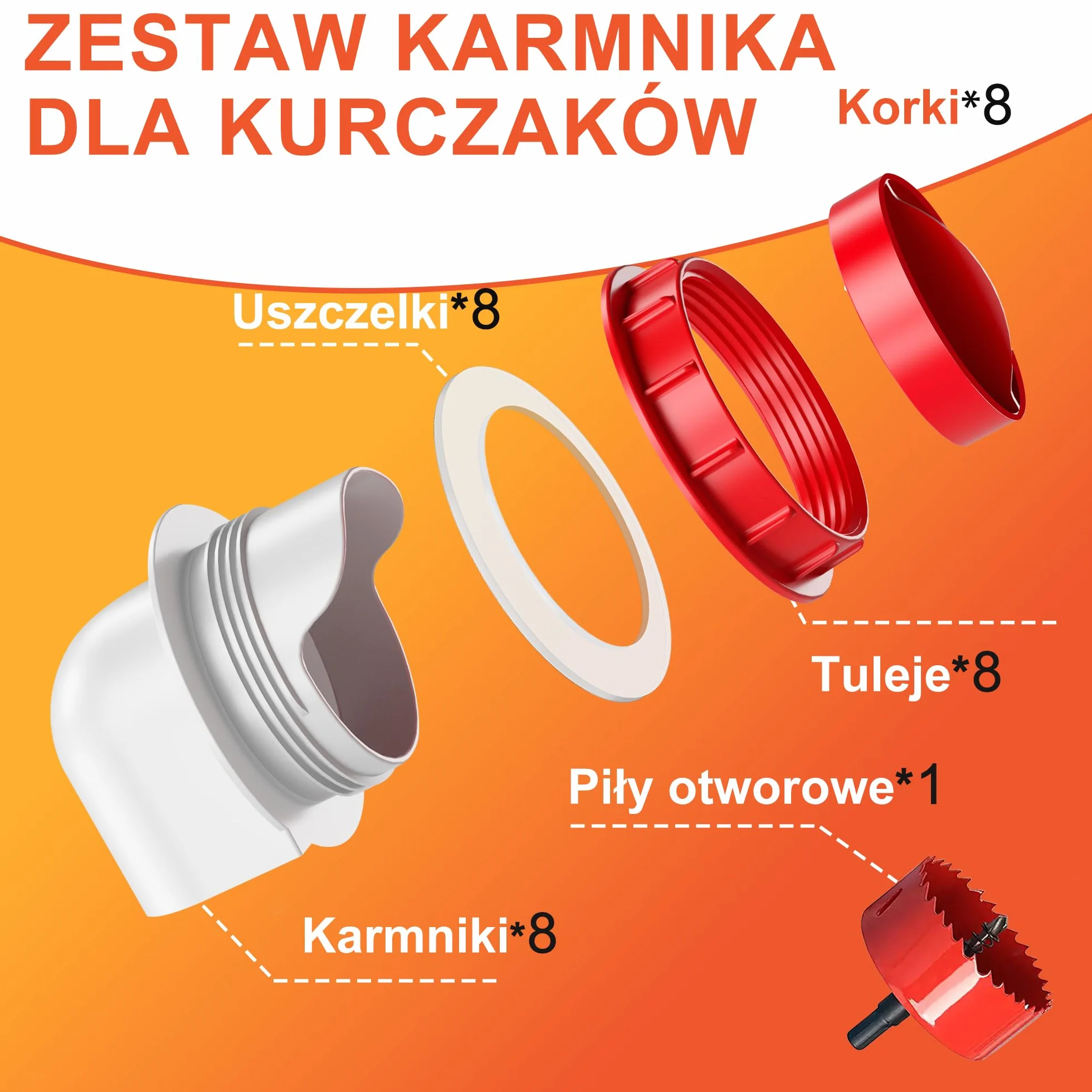 ZenxyHoC Karmniki dla kurczaków Bez odpadów, DIY Automatyczny karmnik dla drobiu 8 portów 1 piła otworowa z osłonami Zestaw podawania grawitacyjnego do wiader, beczek, pojemników, koryt