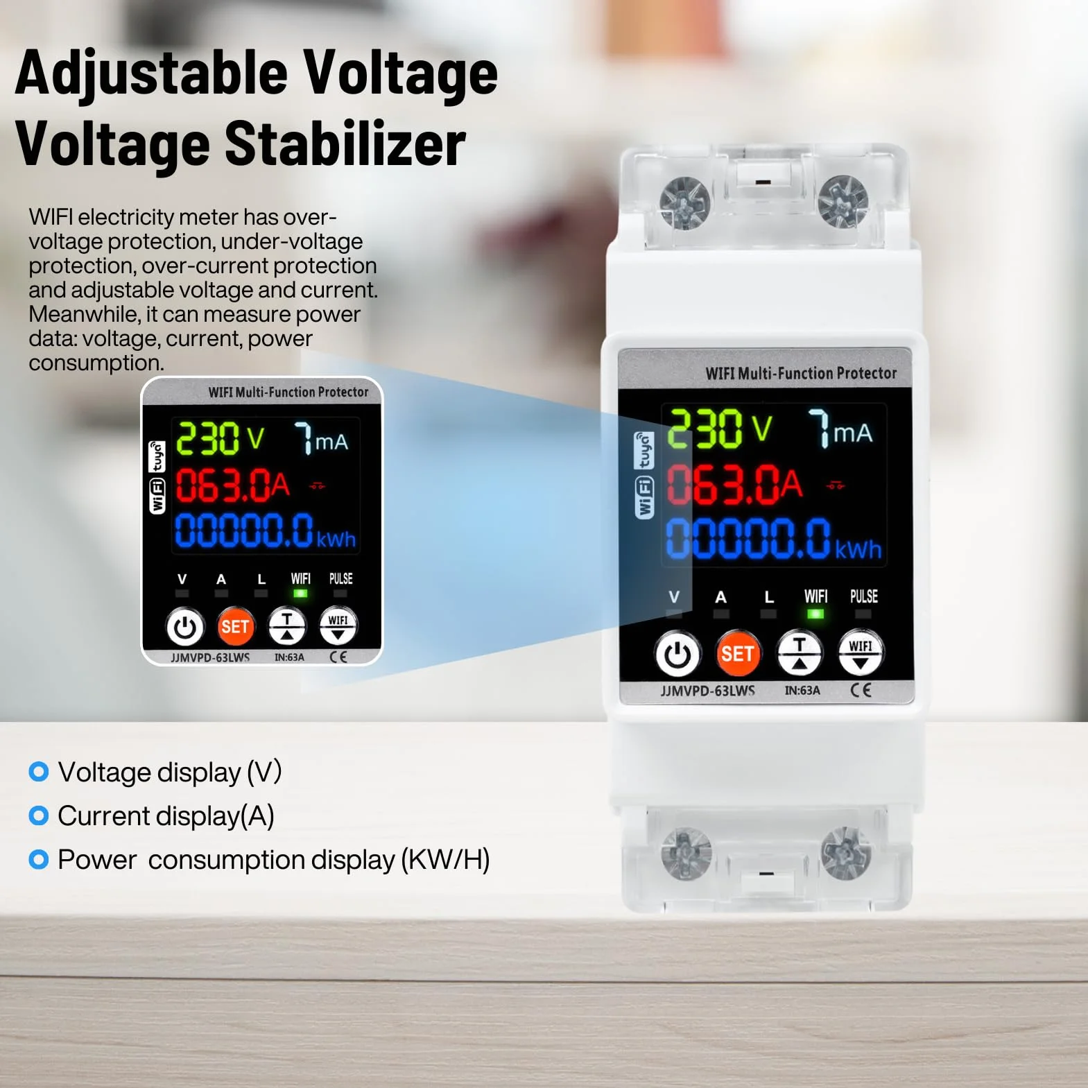 Stabilizator napięcia 220 V 63 A 230 V ochrona przeciwprzepięciowa WiFi na szynie DIN z kolorowym ekranem