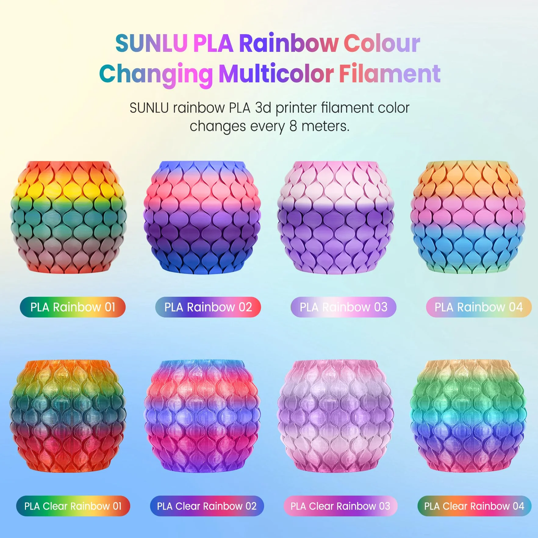 SUNLU Rainbow PLA Filament 1,75 mm ± 0,02 mm 4 kg 4 rolki gradient do drukarki 3D