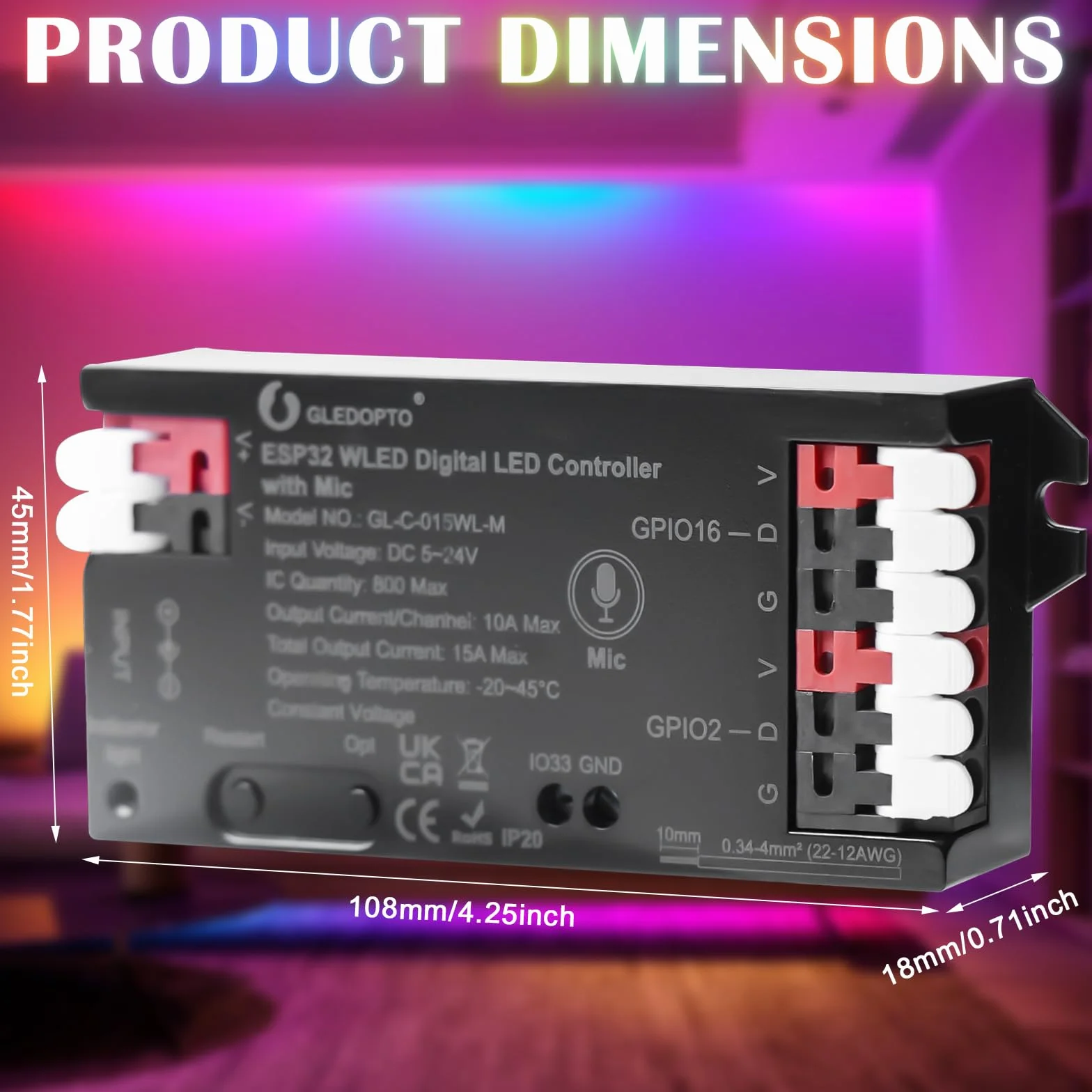 Kontroler WLED z mikrofonem, ESP32 DC 5V-24V Cyfrowy kontroler taśmy LED Adresowalny cyfrowy RGB IC WS2811 WS2812B SK6812 WS2815 RGBW Adresowana taśma LED FCOB