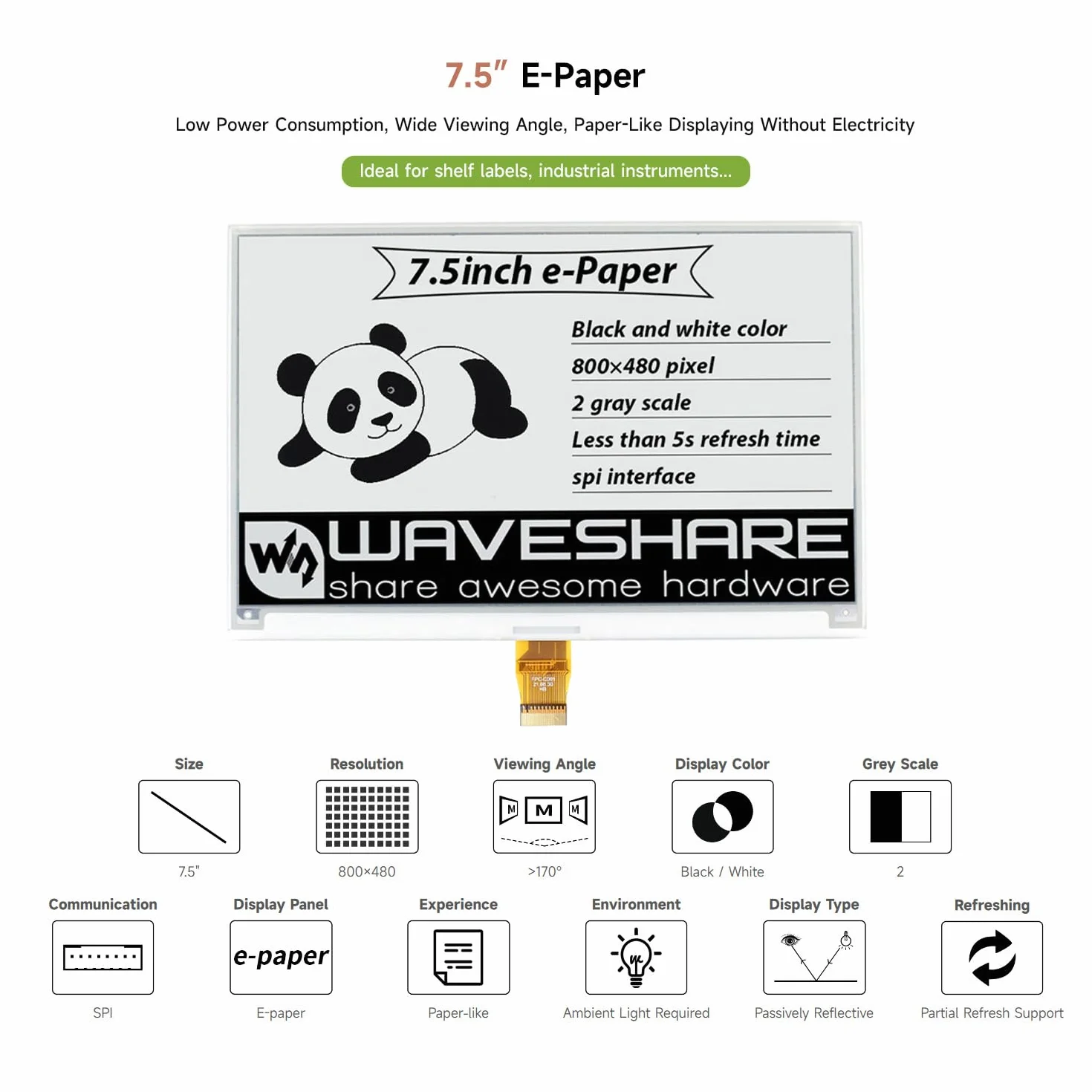 Waveshare 7.5 Inch E-Paper Display Panel V2 800x480 3.3V E-Ink Screen SPI