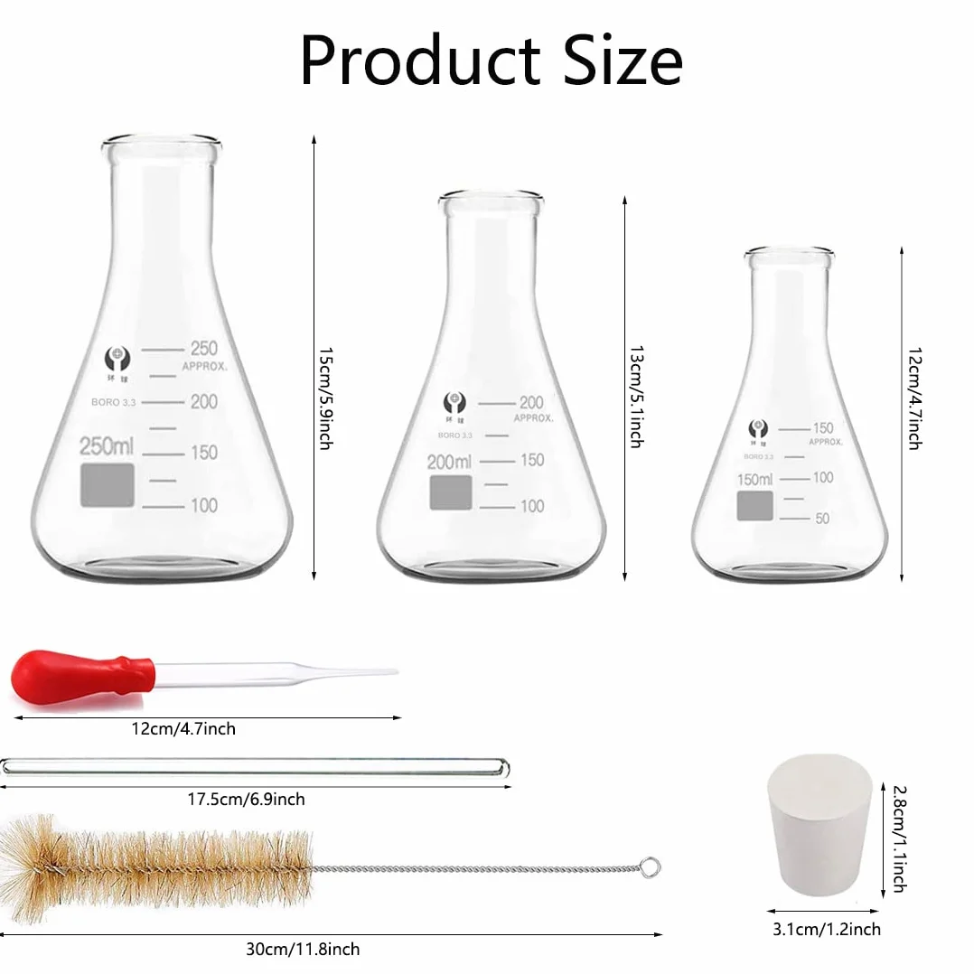 Zestaw szklanych kolb Erlenmeyera JESTOOLO 250 ml 200 ml 150 ml z pipetami