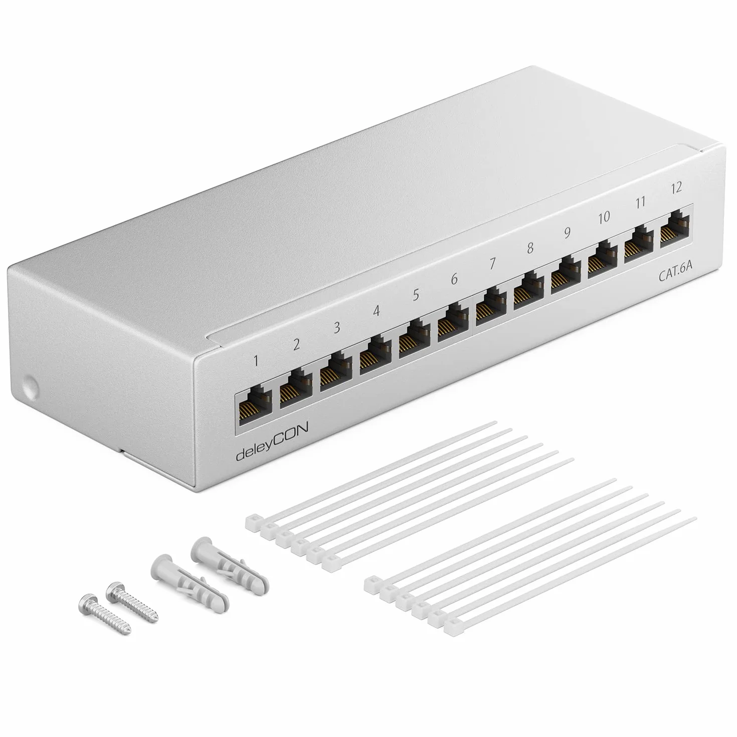 deleyCON CAT 6a Patch Panel Krosownica 12 Portów 1U Ekranowany RJ45 LAN RAL 7035 Jasnoszary