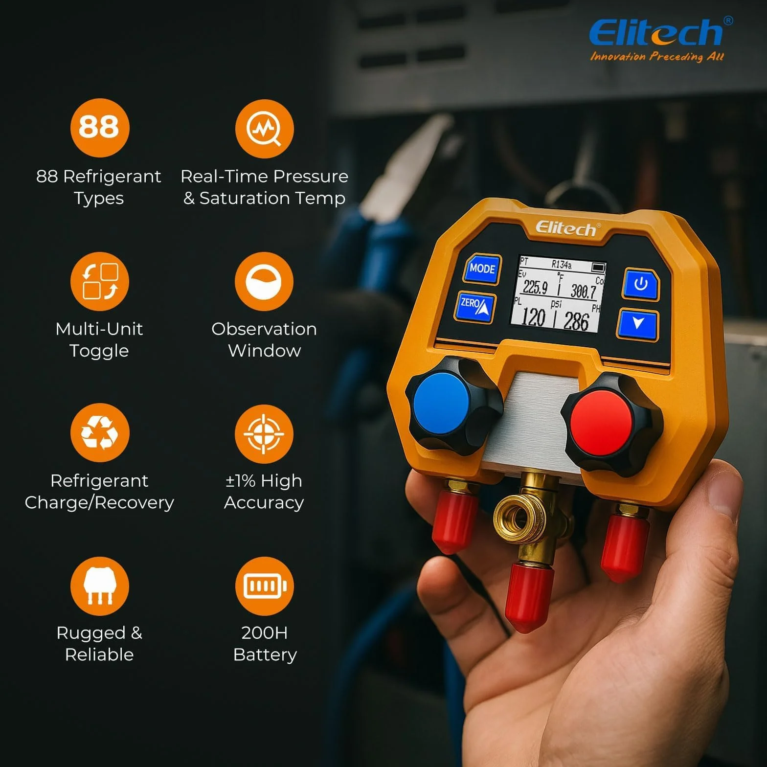 Elitech Manometr czynnika chłodniczego 600 psi/41 bar ± 1% dokładności, 88 rodzajów czynników chłodniczych i pomiar ciśnienia/temperatury, ochrona IP54 dla systemów klimatyzacji