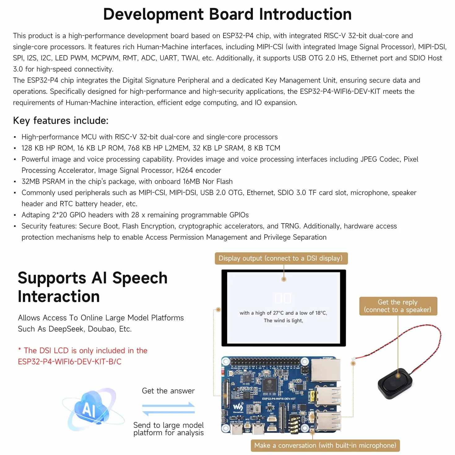 Waveshare ESP32-P4-WIFI6-DEV-KIT High-Performance Development Board, Based on ESP32-P4 & ESP32-C6, Supports Wi-Fi 6, BT 5 & BLE 5, Bundle with Board and Speaker