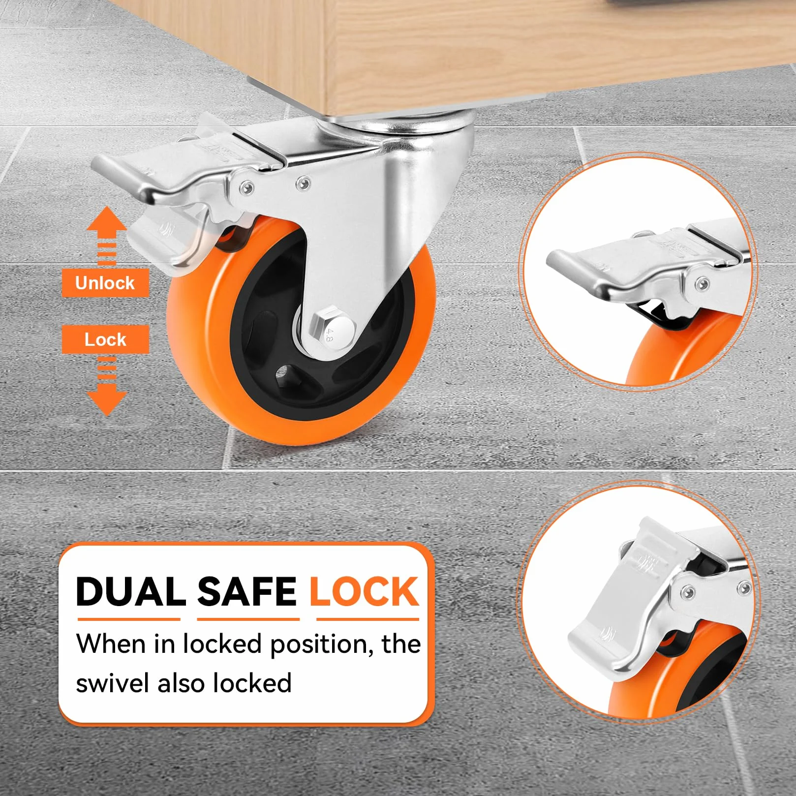 W B D WEIBIDA Caster Wheels Heavy Duty 4-calowe z udźwigiem 1200 funtów i podwójną blokadą, bezgłośne kółka poliuretanowe i wytrzymałe kółka z grubej stali do wózków, mebli, sprzętu, zestaw 4 szt