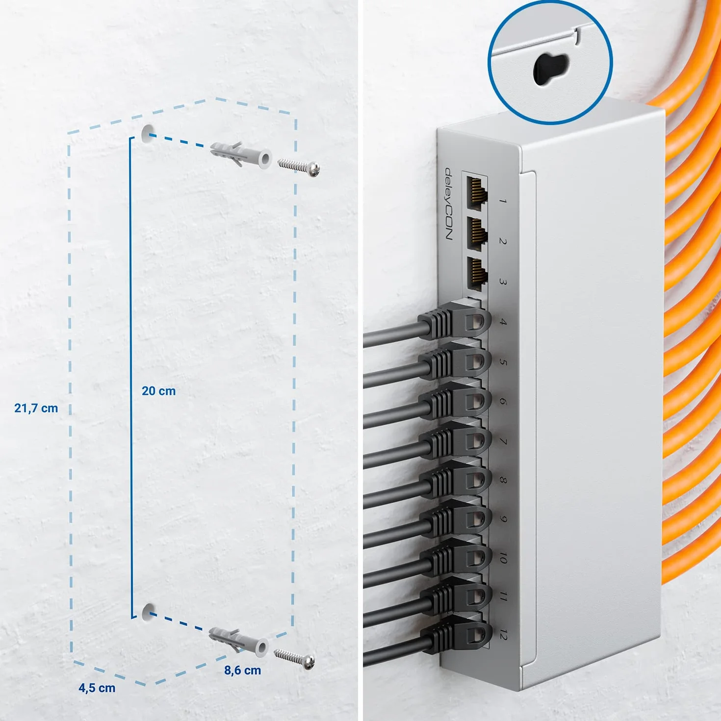 deleyCON CAT 6a Patch Panel Krosownica 12 Portów 1U Ekranowany RJ45 LAN RAL 7035 Jasnoszary