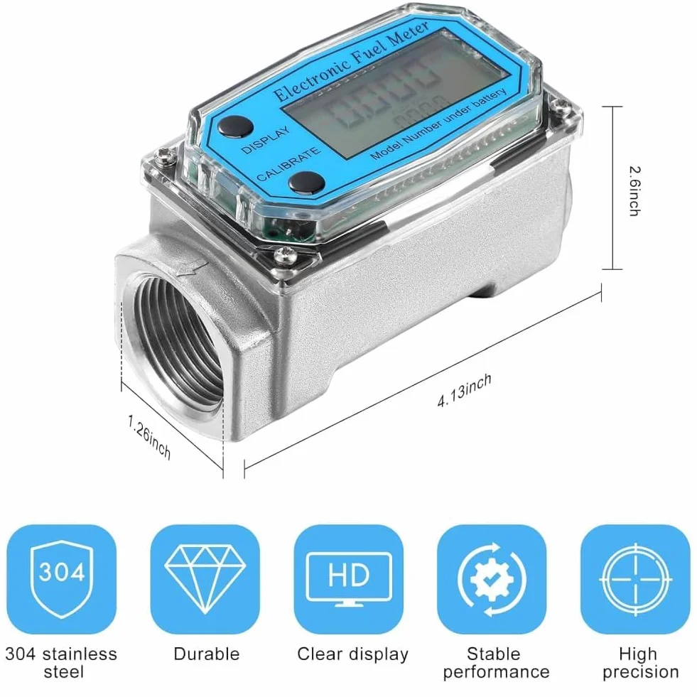 Turbinowy Przepływomierz Wody, Cyfrowy Przepływomierz Elektroniczny 1 Cal Npt 120 L/Min Przepływomierz Cieczy 0-99999 Wskaźnik Przepływu Paliwa, Do Oleju Napędowego, Nafty, Benzyny (niebieski)
