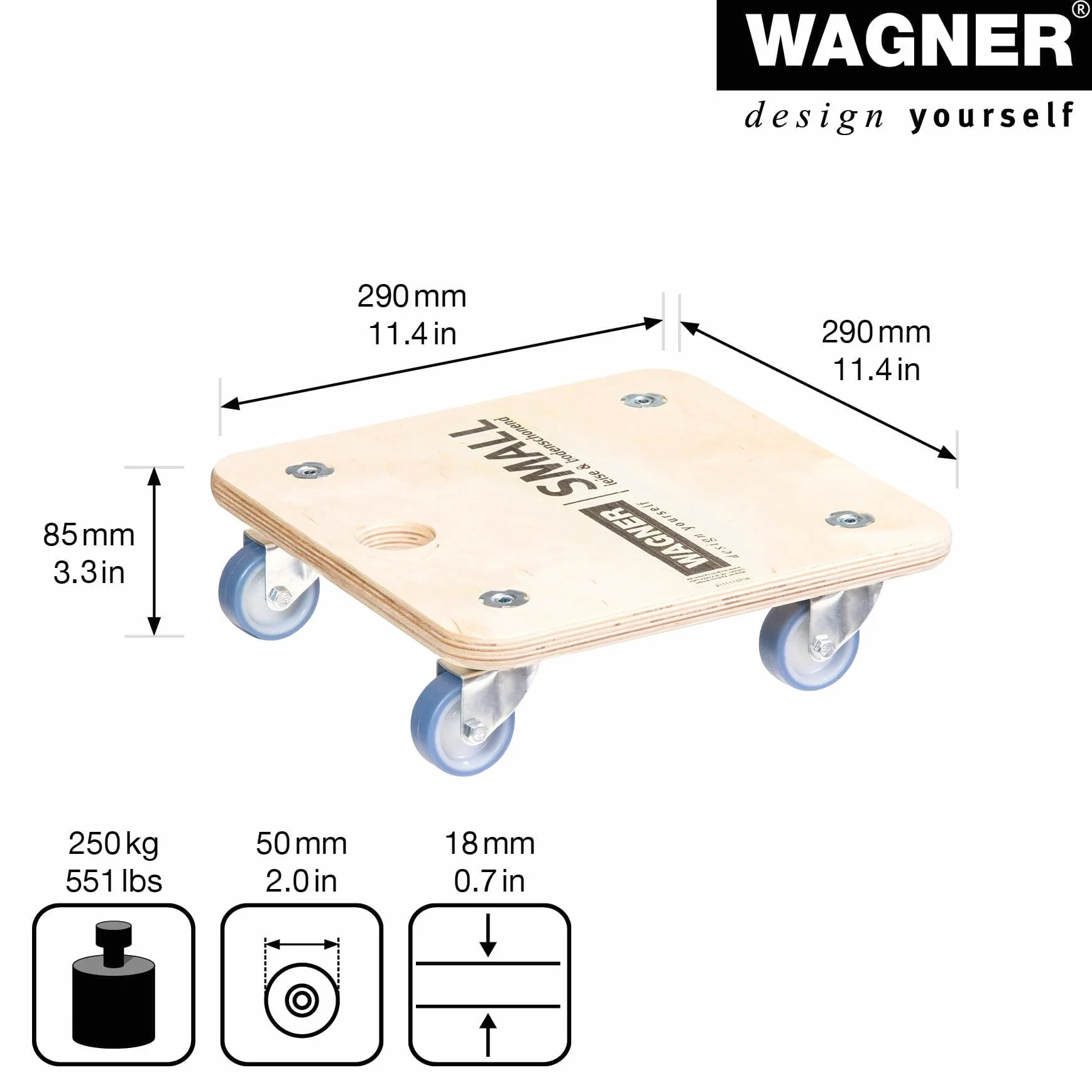 Wagner Transport Aid MM 1353 I 29 x 29 x 8,5 cm - Ładowność 250 kg - Idealny do nieporęcznych, urządzeń i mebli I Otwór na palec I Najlepiej ruchomy I Certyfikat FSC® - 20135301
