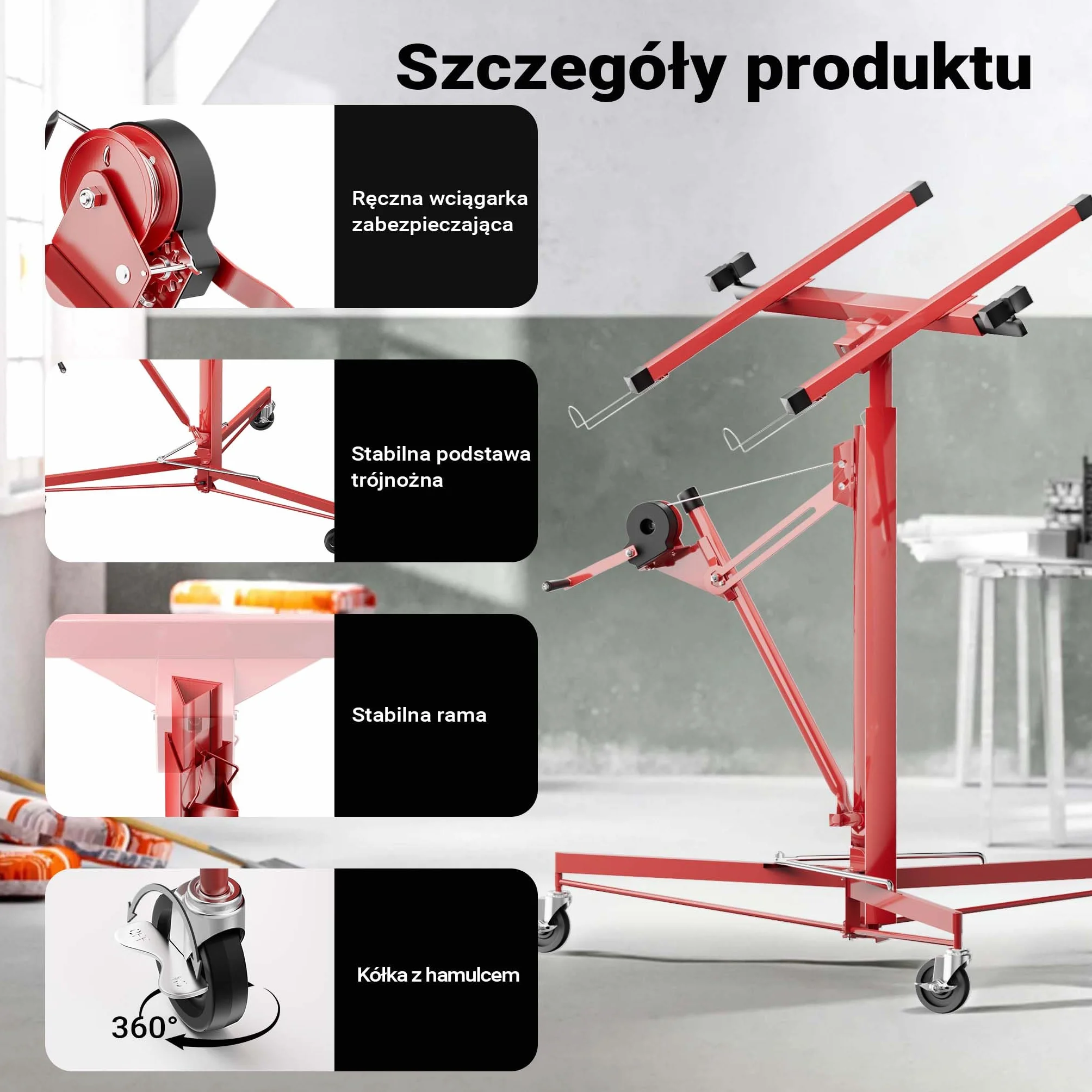Wiltec XXL Podnośnik do płyt gipsowych i OSB do 68 kg, regulowana wysokość 140-350 cm, stabilna konstrukcja z blokadami i hamulcami do łatwego montażu