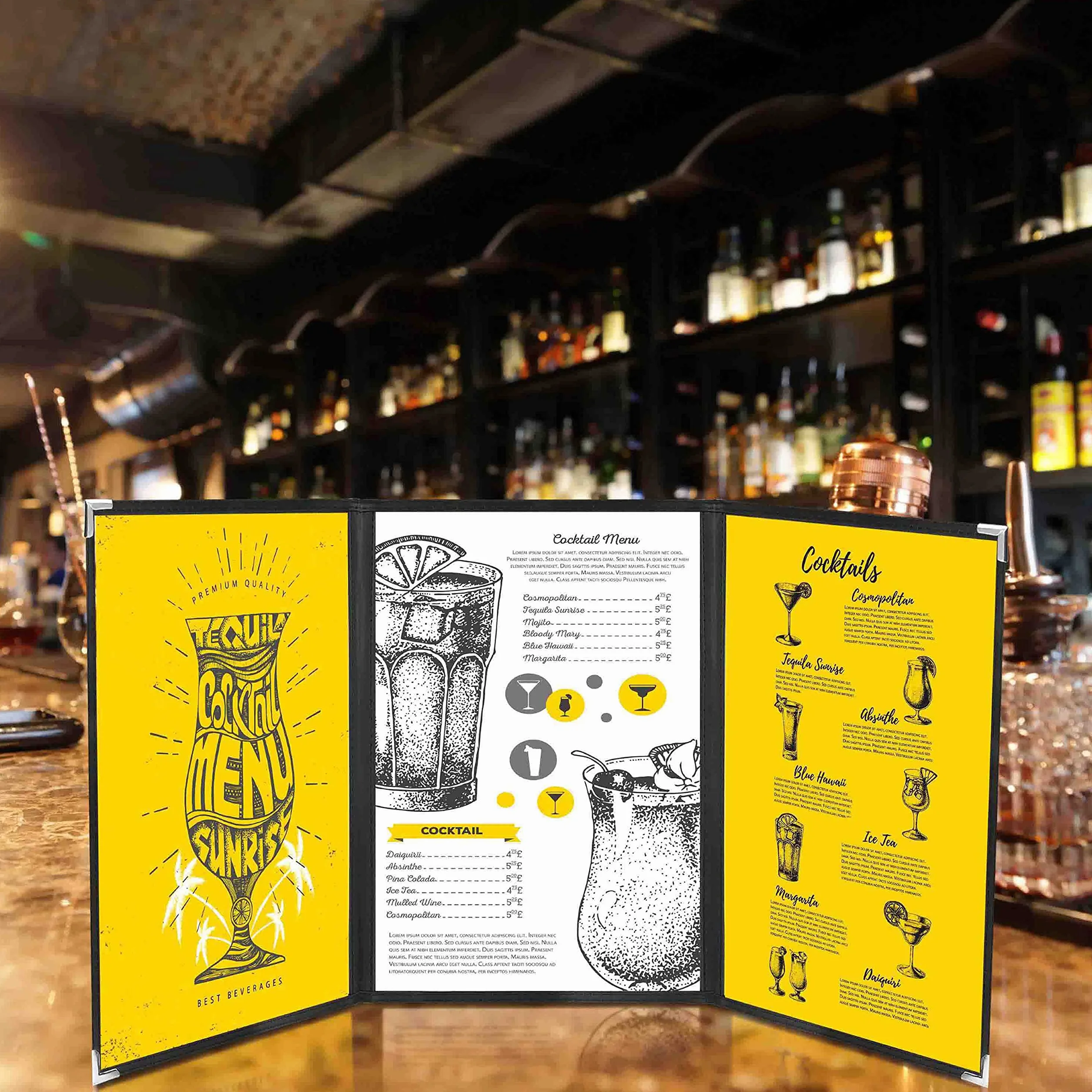 Kurtzy Potrójnie składane okładki na menu A5 (10 sztuk) - 3 składane podwójne uchwyty na menu w stylu amerykańskim - czarne potrójnie przezroczyste okładki menu z ochraniaczami narożnymi - do restauracji, barów, kawiarni, jedzenia i napojów