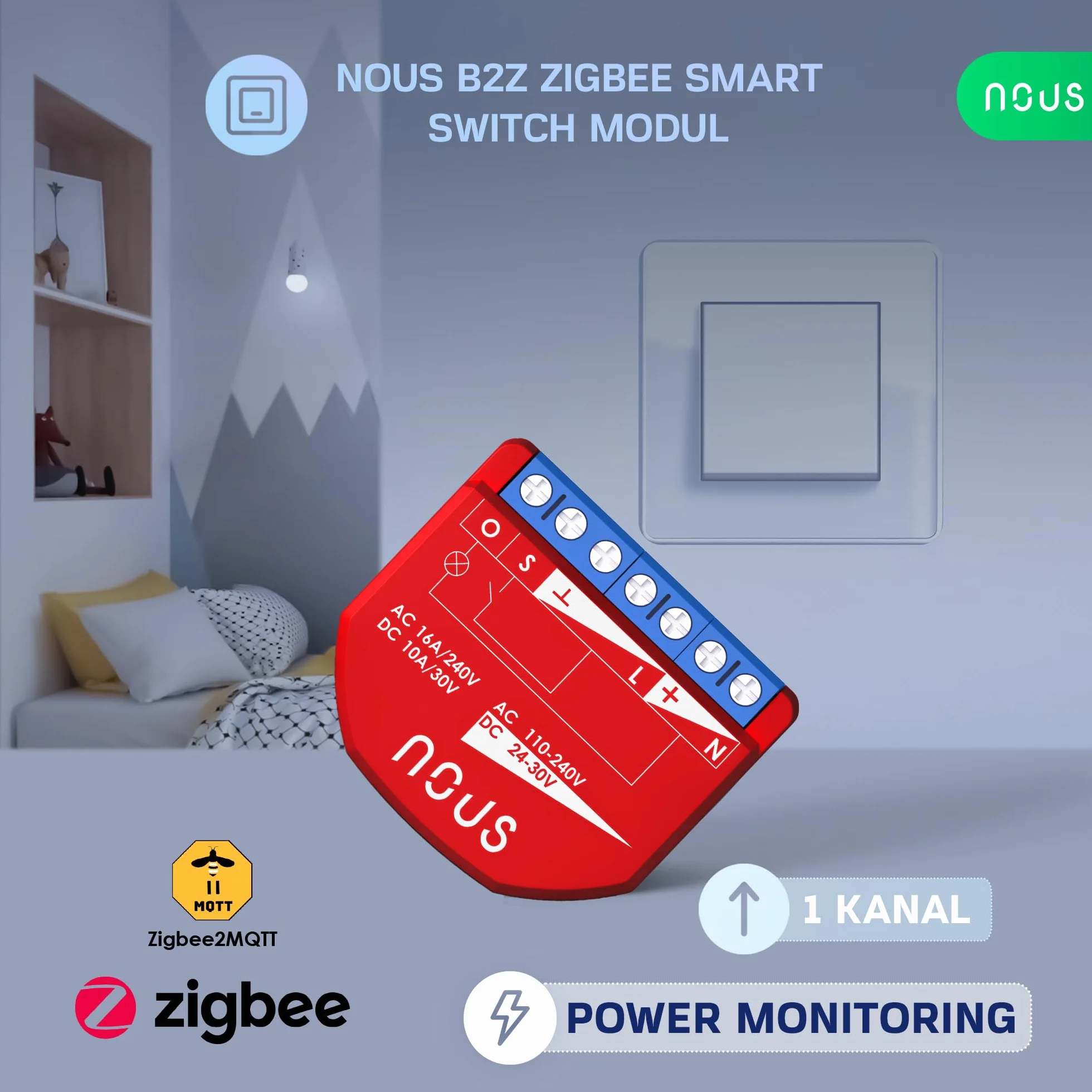 NOUS ZigBee Smart Switch moduły z pomiarem mocy, 1 kanał, AC 16 A/DC 10 A, suche styki, wymagany koncentrator 3.0, kompatybilny z Alexa, Zigbee2MQTT, Google Assistant, Home Assistant, Tuya