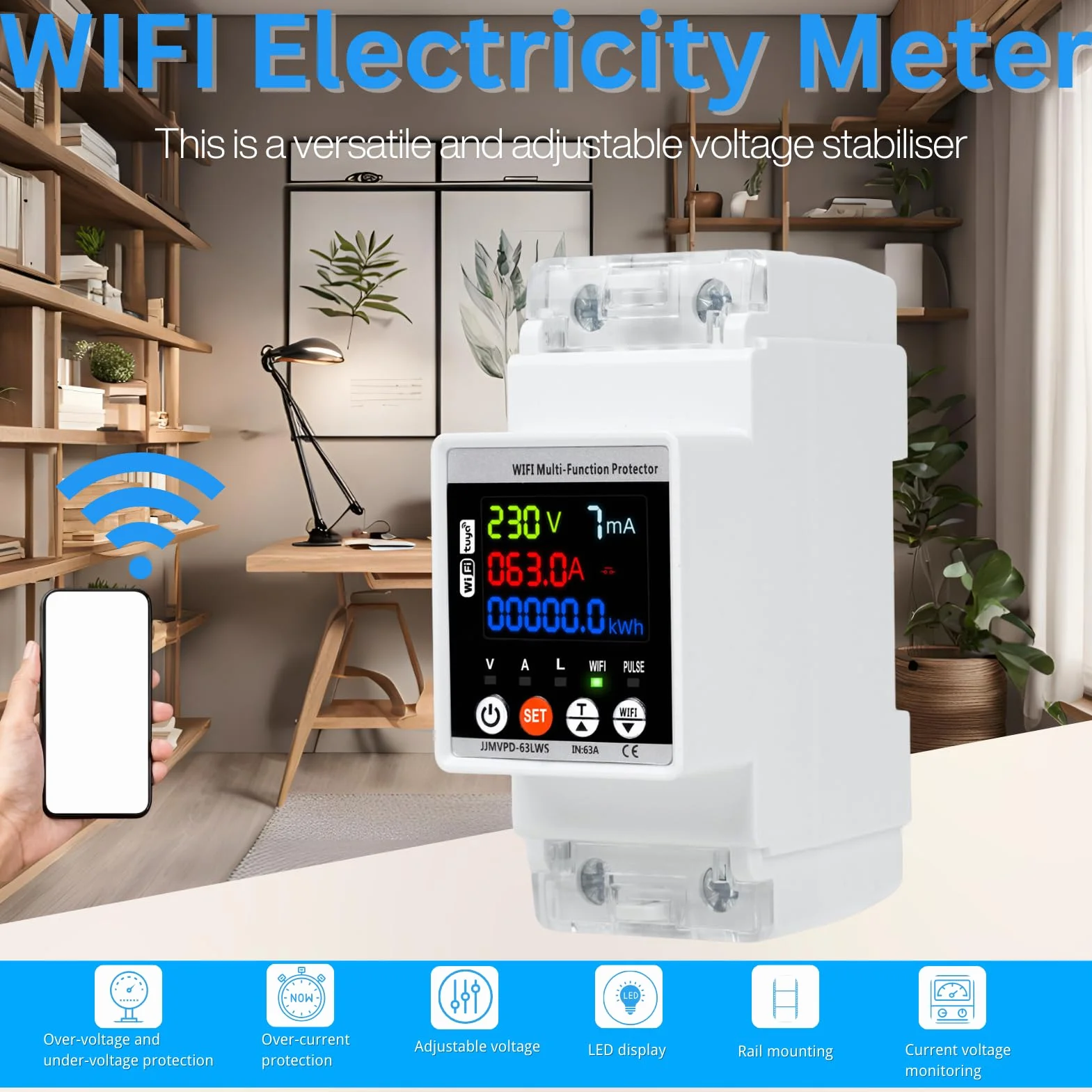 Stabilizator napięcia 220 V 63 A 230 V ochrona przeciwprzepięciowa WiFi na szynie DIN z kolorowym ekranem