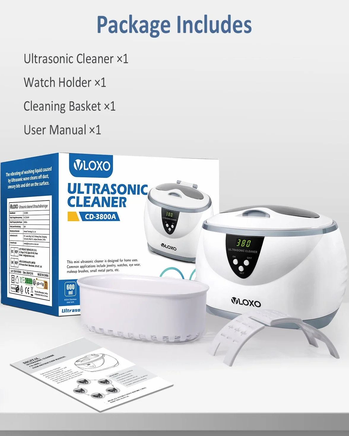 VLOXO Urządzenie do Czyszczenia Ultradźwiękowego 600ml 42kHz z Koszem Wyświetlacz LED