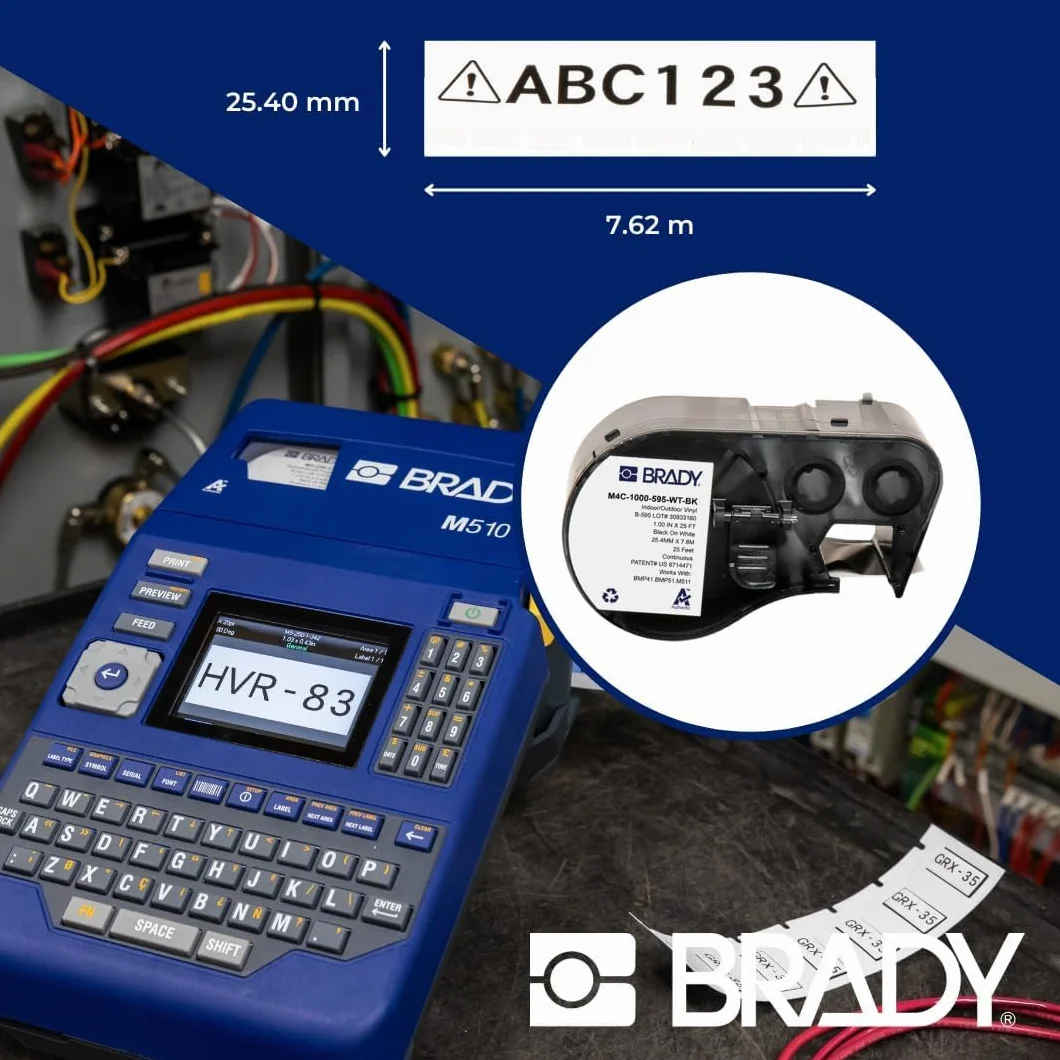 Brady Taśma do Drukarek Etykiet M410 M510 M511 Samoprzylepne Etykiety Przemysłowe Czarny na Białym 25,4 mm x 7,62 m M4C-1000-595-WT-BK