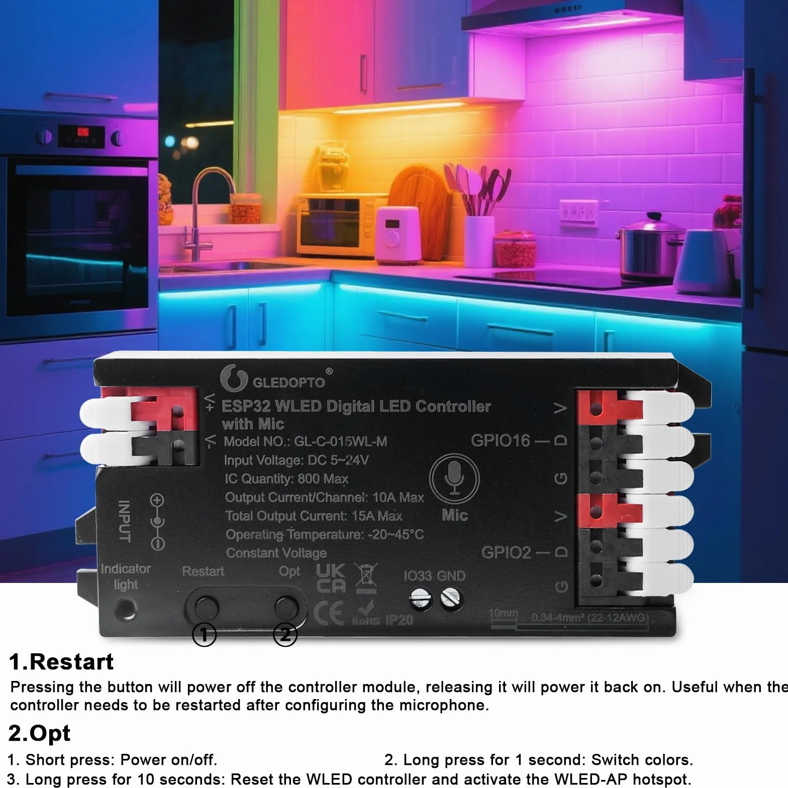 Kontroler WLED z mikrofonem, ESP32 DC 5V-24V Cyfrowy kontroler taśmy LED Adresowalny cyfrowy RGB IC WS2811 WS2812B SK6812 WS2815 RGBW Adresowana taśma LED FCOB