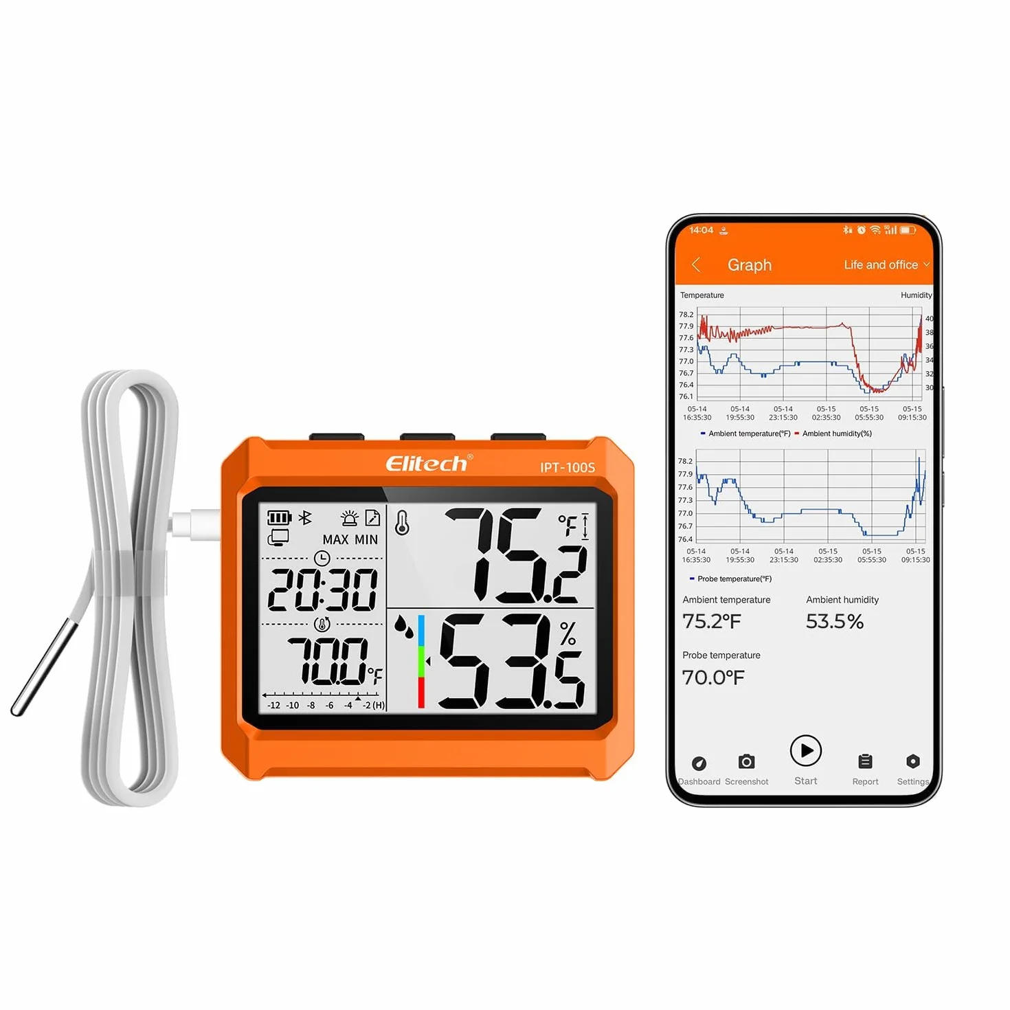Elitech Cyfrowy termometr higrometrowy Bluetooth IPT-100S z zewnętrzną sondą rejestrator danych 5000 punktów