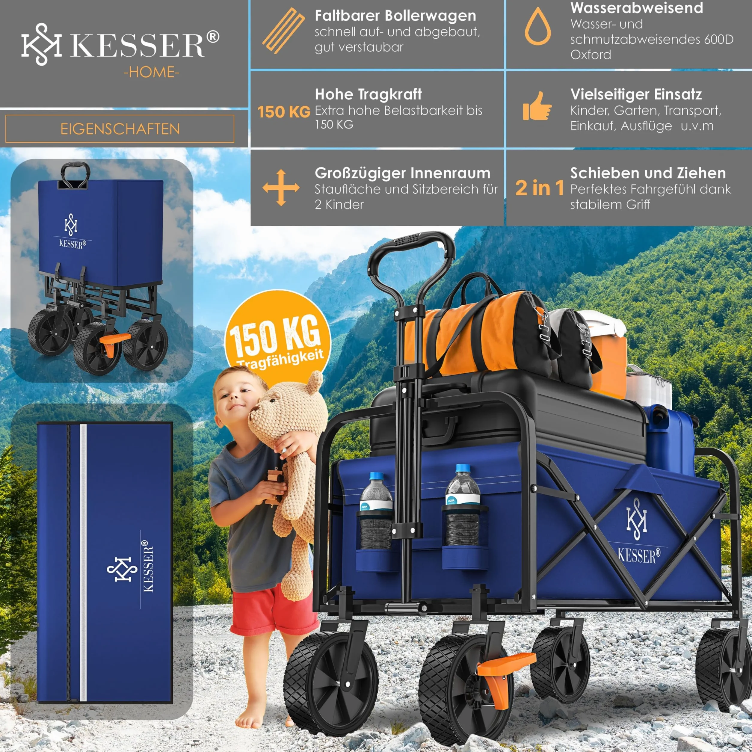 KESSER® Składany wózek ręczny, wózek transportowy, wózek na narzędzia, w zestawie 2 kieszenie z siatki, składany, opony PCW, nośność do 80 kg, przyczepa ogrodowa bez dachu