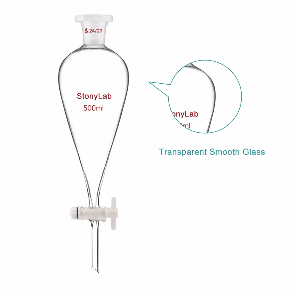 stonylab Szkło Borokrzemianowe 500 ml Ciężka Ściana Stożkowy Lejek Separacyjny ze 24/29 Złączami i Kranem z PTFE, 500 ml