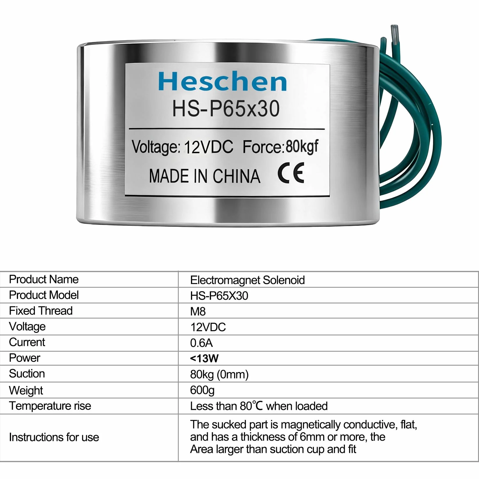 Heschen Elektromagnes elektromagnetyczny, P65/30, średnica zewnętrzna 65 mm, DC 12 V 13 W, 80 kg