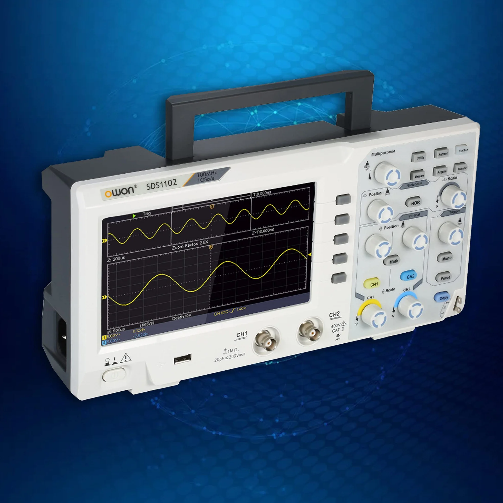 SDS1102 OWON oscyloskop pulpit lekki przenośny oscyloskop 100 MHz szerokość pasma dwukanałowy 7" kolorowy ekran z częstotliwością próbkowania 1 GSa/s