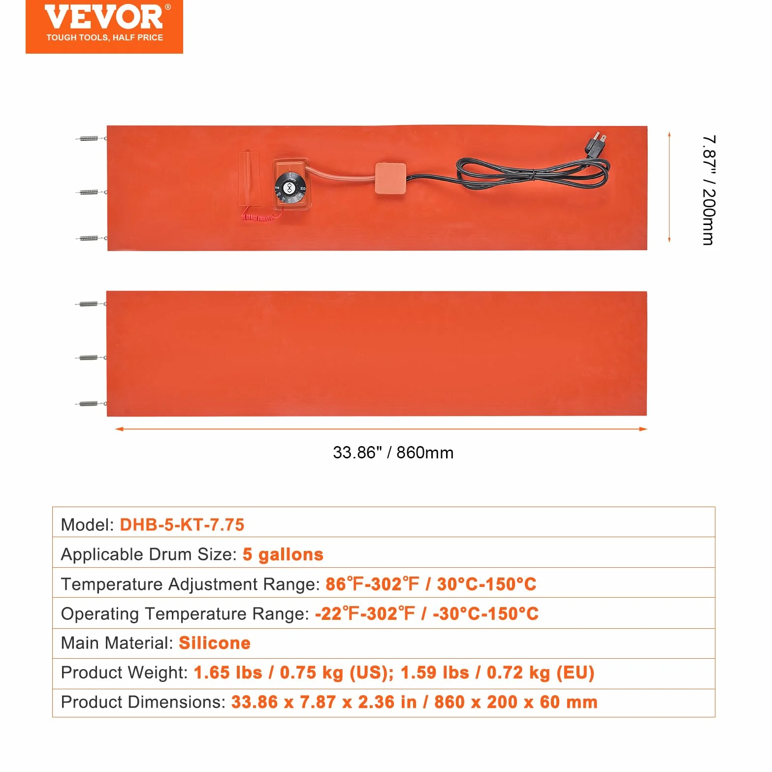 VEVOR Metalowy podgrzewacz beczki 800 W pas grzewczy 5 galonów 200 mm regulowany termostat 30-150°C silikonowy pomarańczowy